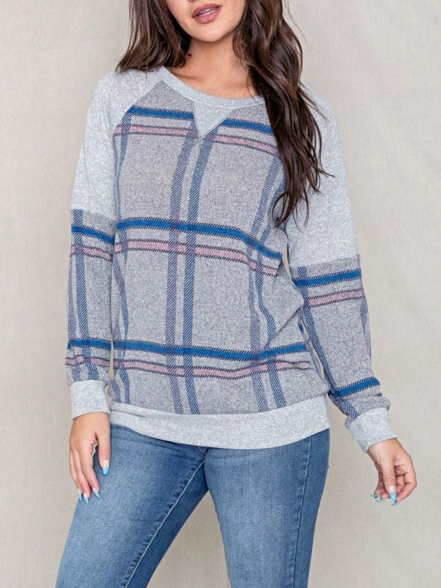 Boho Retro 90's Vintage  Preppy V Stitch  Stripe Knit Contrast Binding Brushed Soft Stripe Raglan Sleeve Tunic Top Pullover