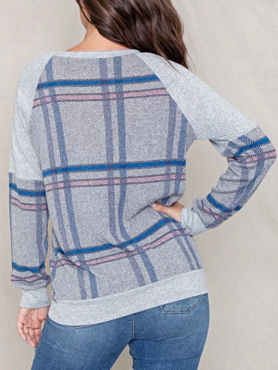 Boho Retro 90's Vintage  Preppy V Stitch  Stripe Knit Contrast Binding Brushed Soft Stripe Raglan Sleeve Tunic Top Pullover