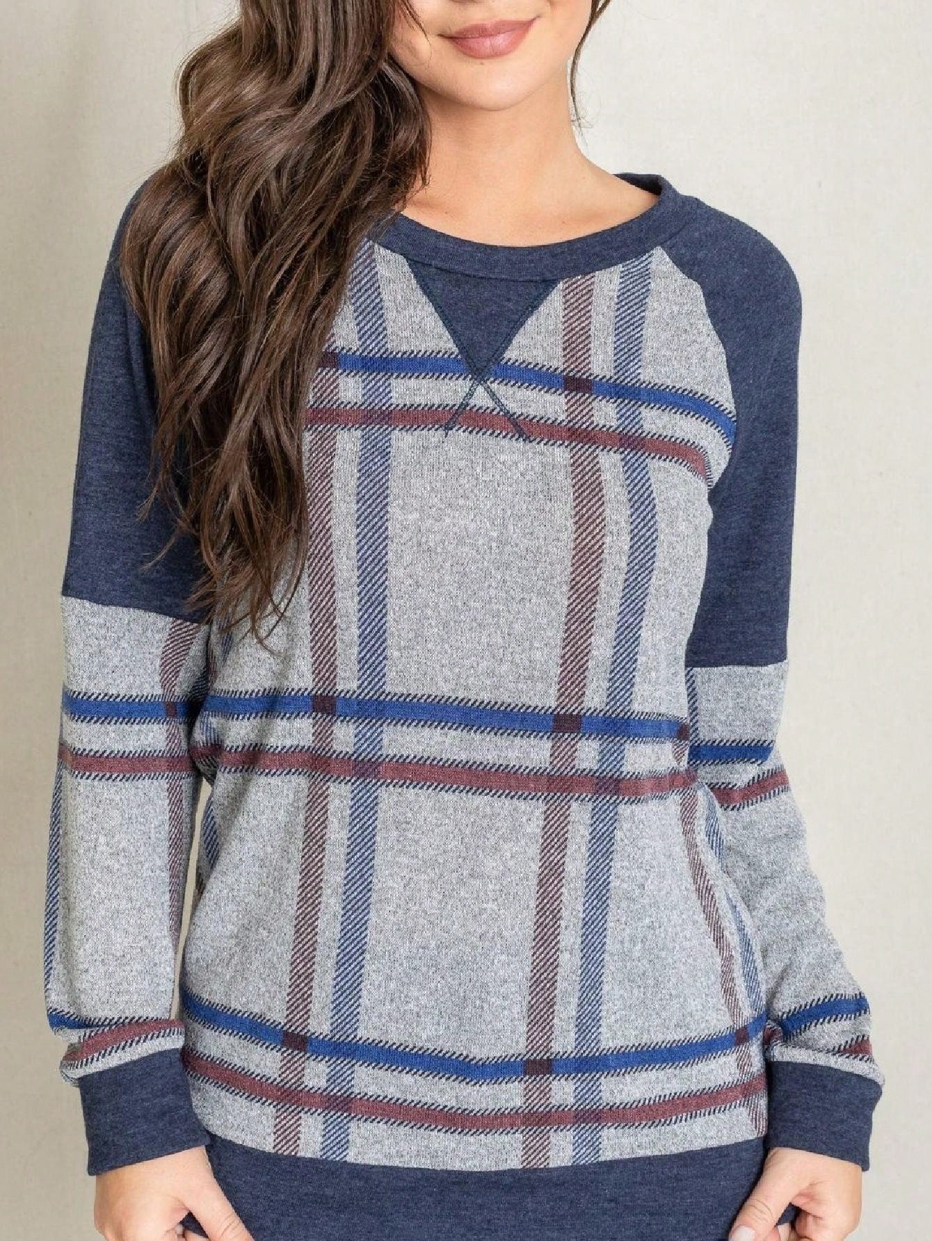 Boho Retro 90's Vintage  Preppy V Stitch  Stripe Knit Contrast Binding Brushed Soft Stripe Raglan Sleeve Tunic Top Pullover