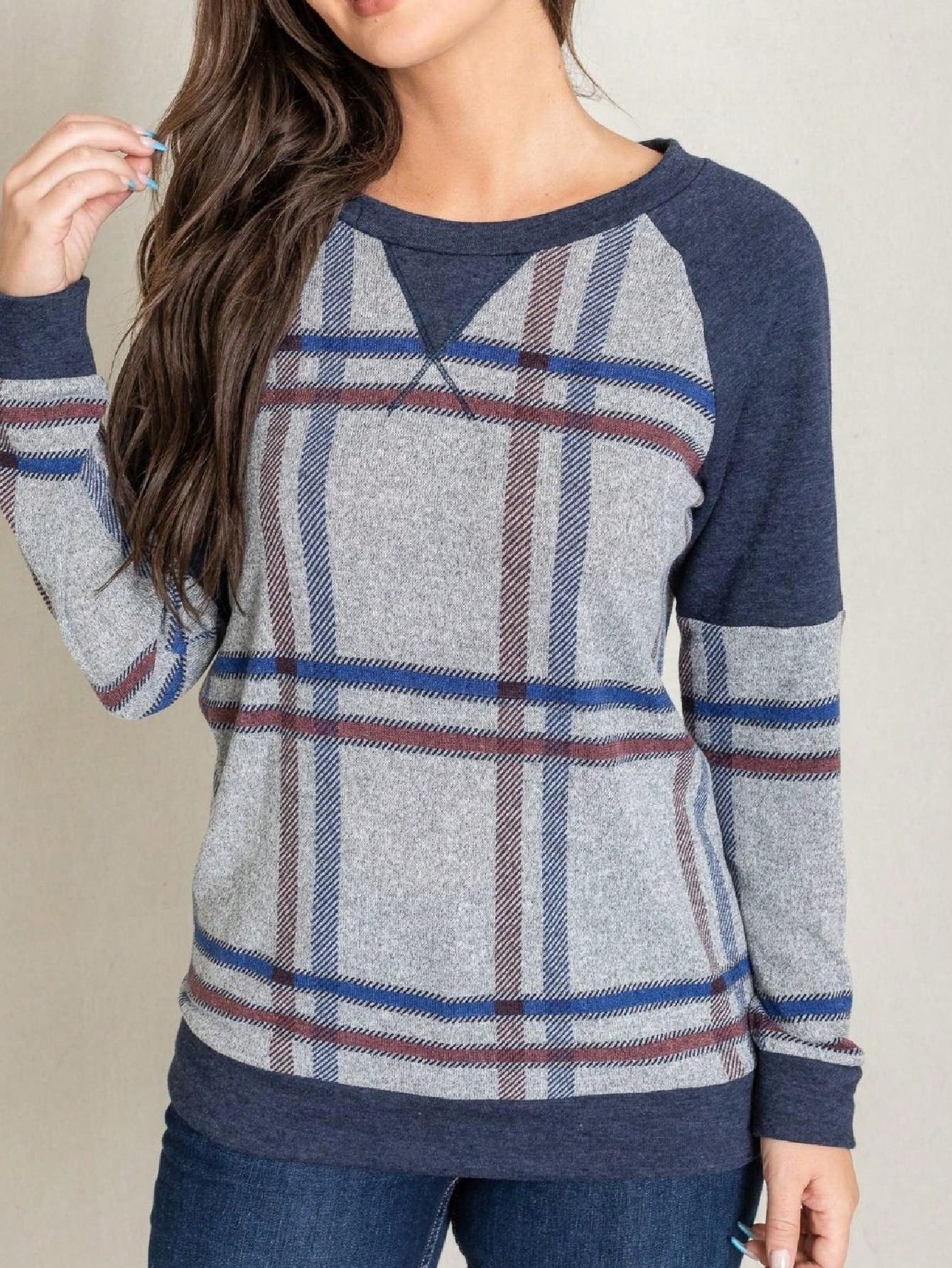 Boho Retro 90's Vintage  Preppy V Stitch  Stripe Knit Contrast Binding Brushed Soft Stripe Raglan Sleeve Tunic Top Pullover
