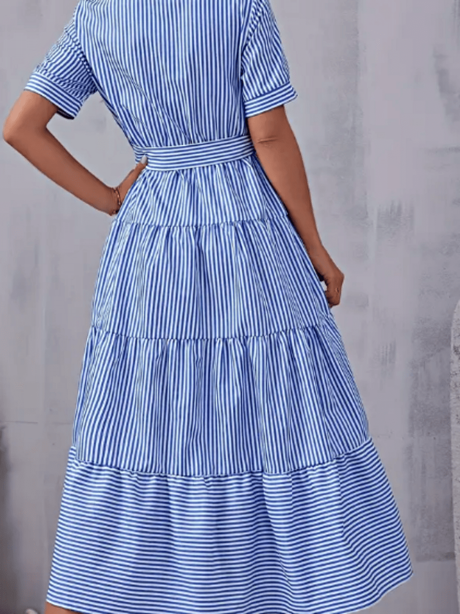 Boho Vacation Blue  Elegant Classic Tiered Maxi Long Shirt  Dress With Belt  Versatile Summer Dress For Women