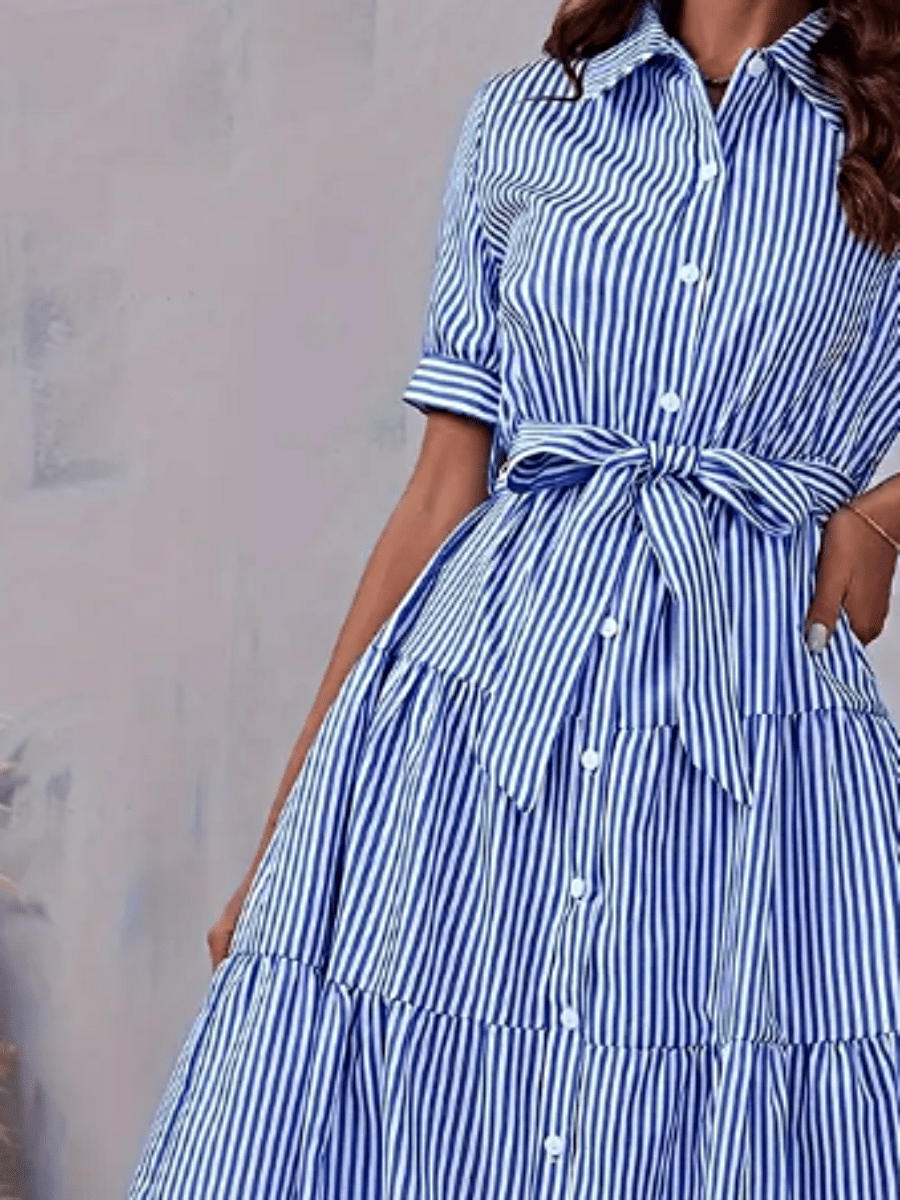 Boho Vacation Blue  Elegant Classic Tiered Maxi Long Shirt  Dress With Belt  Versatile Summer Dress For Women