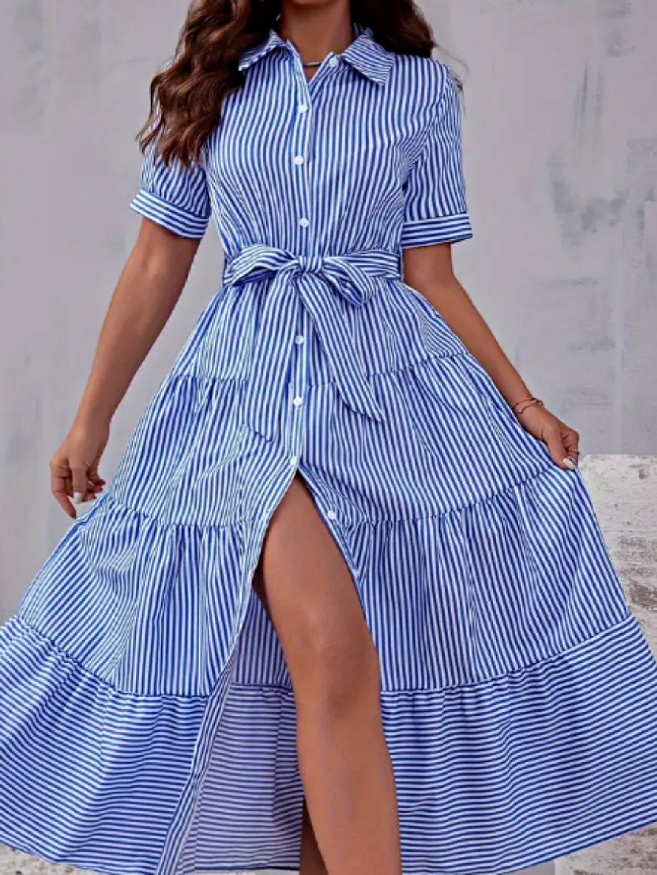 Boho Vacation Blue  Elegant Classic Tiered Maxi Long Shirt  Dress With Belt  Versatile Summer Dress For Women