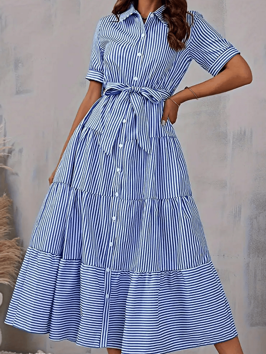 Boho Vacation Blue  Elegant Classic Tiered Maxi Long Shirt  Dress With Belt  Versatile Summer Dress For Women