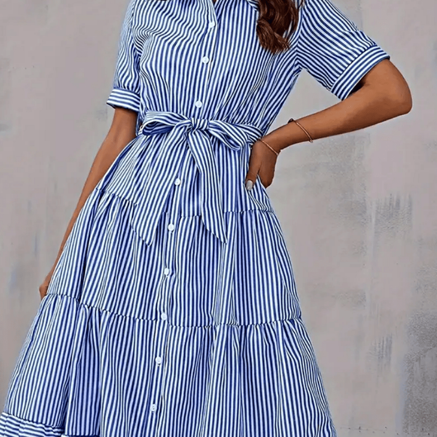 Boho Vacation Blue  Elegant Classic Tiered Maxi Long Shirt  Dress With Belt  Versatile Summer Dress For Women