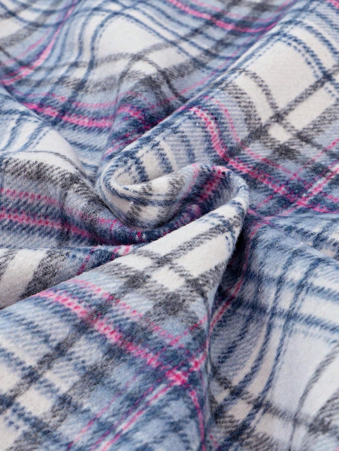 Boho Retro Vintage 90's Beige Blue Button Hooded Plaid Drop Shoulder Anorak Kangaroo Pocket Sweatshirt Pullover Hoodie