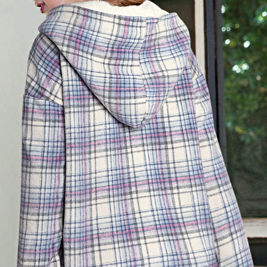 Boho Retro Vintage 90's Beige Blue Button Hooded Plaid Drop Shoulder Anorak Kangaroo Pocket Sweatshirt Pullover Hoodie