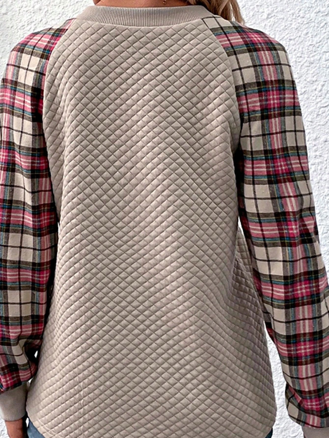 Boho Retro Vintage 90's Shirred Raglan Plaid Shoulder  Long Sleeve  Quilted Top Shirt Sweatshirt Pullover