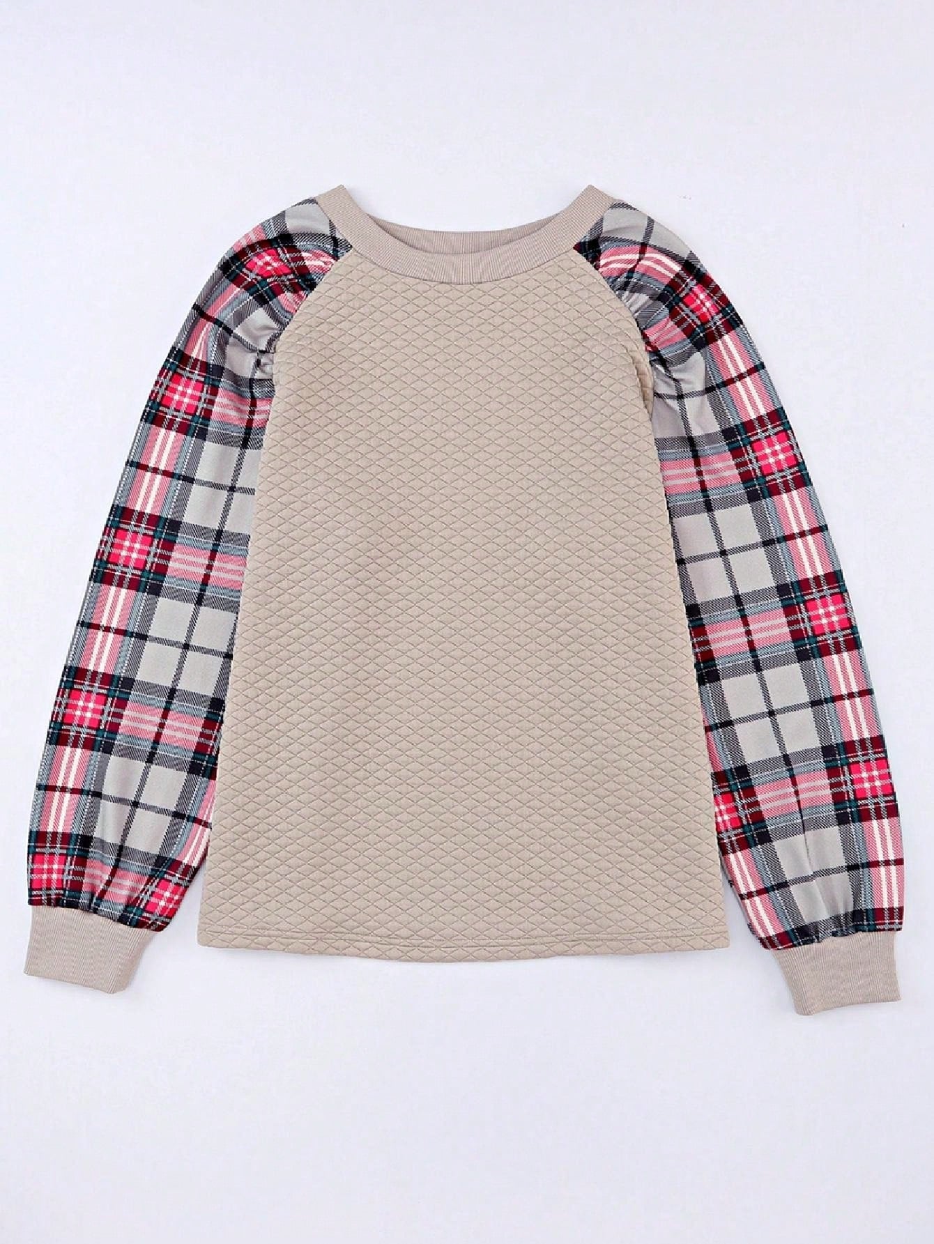 Boho Retro Vintage 90's Shirred Raglan Plaid Shoulder  Long Sleeve  Quilted Top Shirt Sweatshirt Pullover