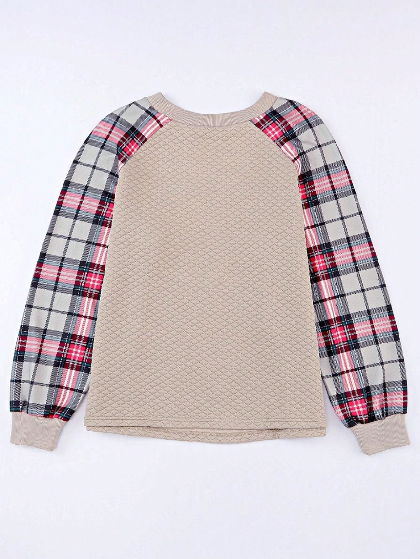 Boho Retro Vintage 90's Shirred Raglan Plaid Shoulder  Long Sleeve  Quilted Top Shirt Sweatshirt Pullover