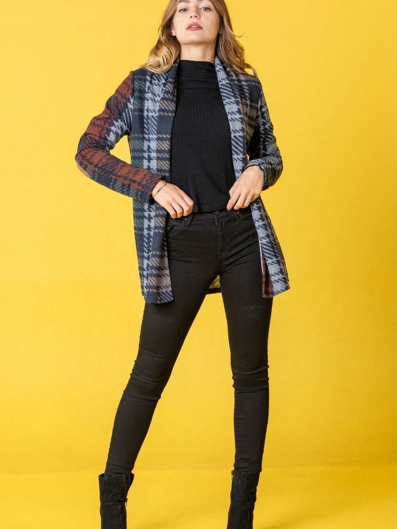 Boho Vintage 90's Plaid Stripe Tie Dye  Elbow Patch 60's Classic Slouch Cardigan With Pocket