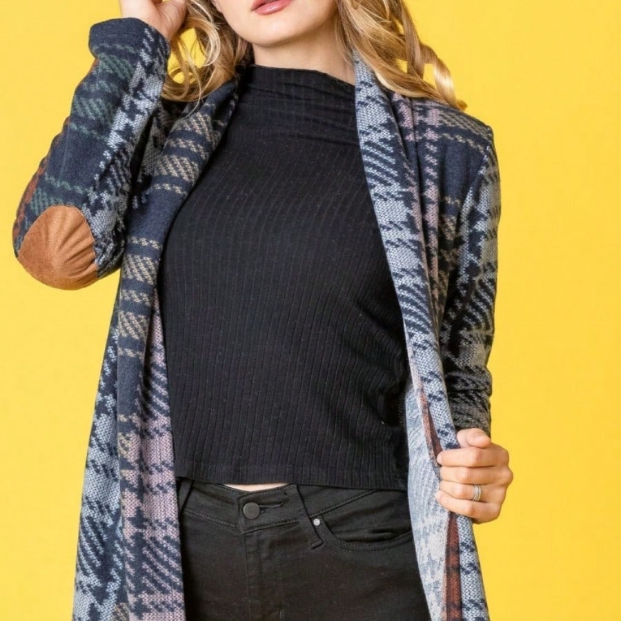 Boho Vintage 90's Plaid Stripe Tie Dye  Elbow Patch 60's Classic Slouch Cardigan With Pocket
