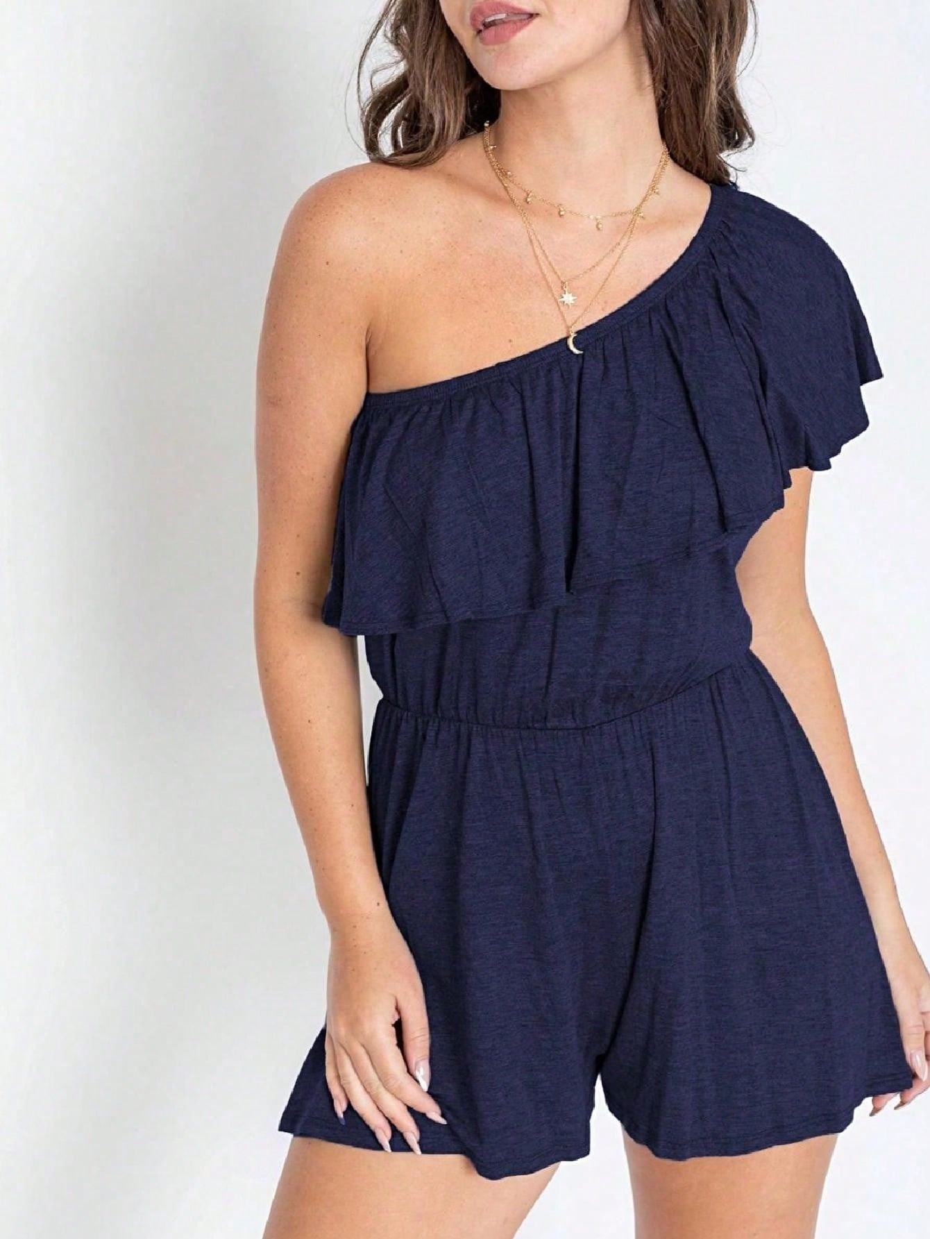 Boho Retro Casual Grey Navy Black Rayon Romper Jumpsuit One Shoulder Ruffle
