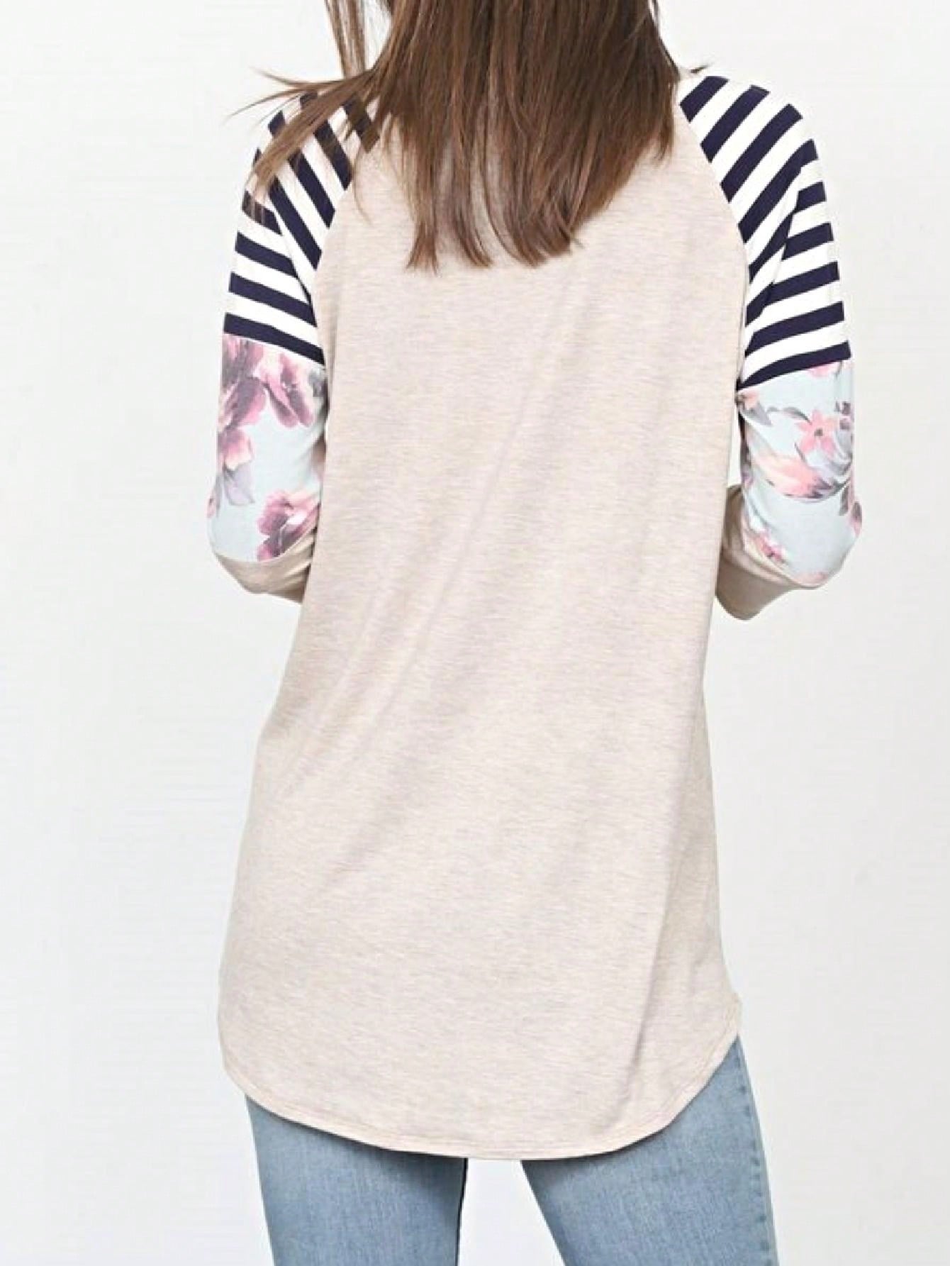 Boho Retro 90's Vintage  Floral Soft Stripe Raglan Oatmeal Cream High And Low Beige Sleeve Tunic Top Shirt