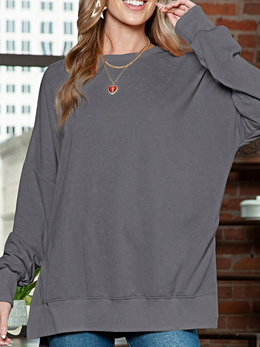 Boho Retro 60's Cotton Mix  Drop Shoulder Mineral Acid Washed Oversized Side Slit Dolman Shirt Top  Sweatshirt Pullover