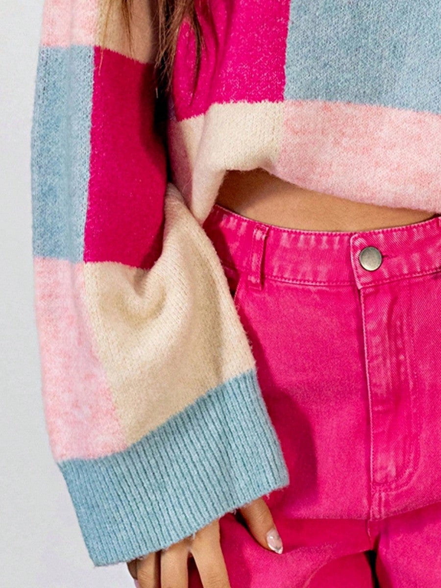 Boho Retro Vintage Viscose 60's  Drop Shoulder Side  Sleeve Rose Pink Cream Blue  Sweater Knit Top Pullover