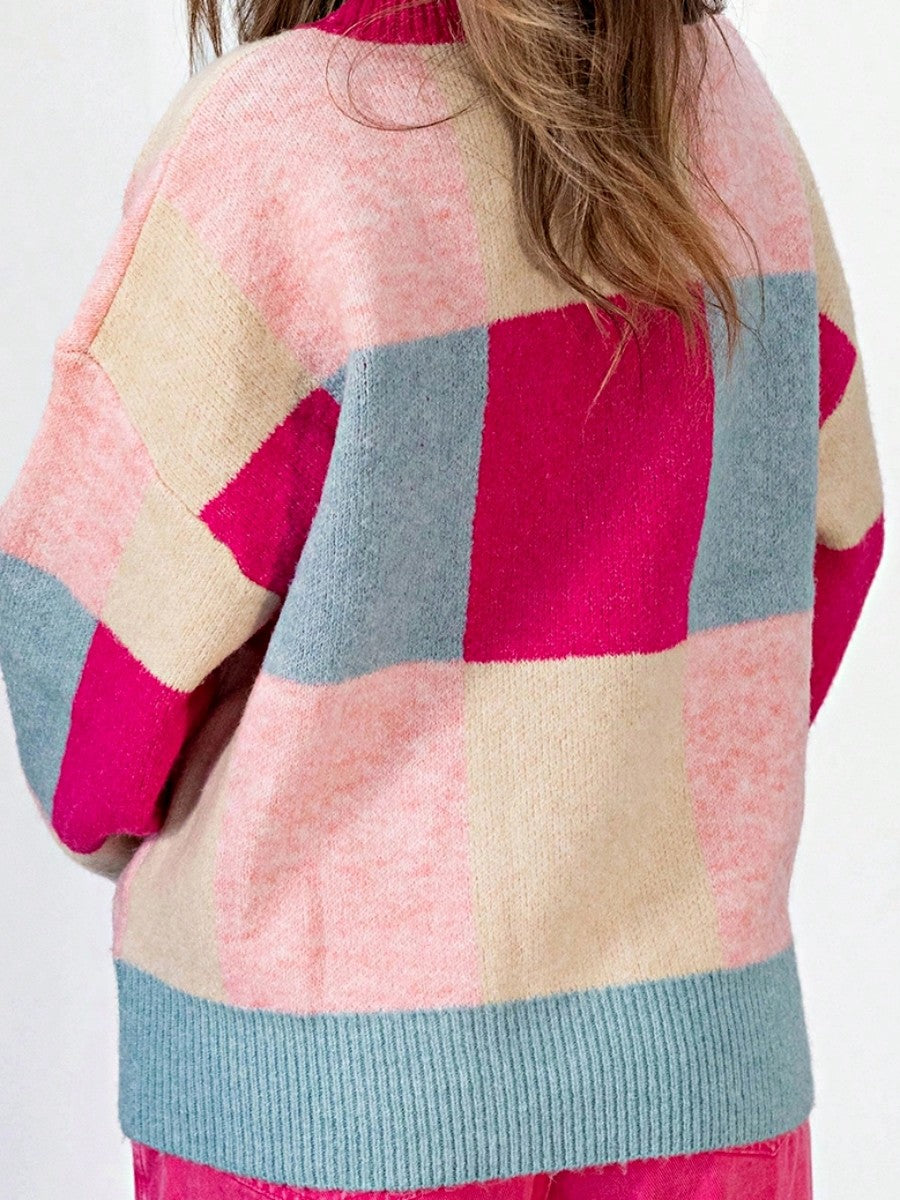 Boho Retro Vintage Viscose 60's  Drop Shoulder Side  Sleeve Rose Pink Cream Blue  Sweater Knit Top Pullover