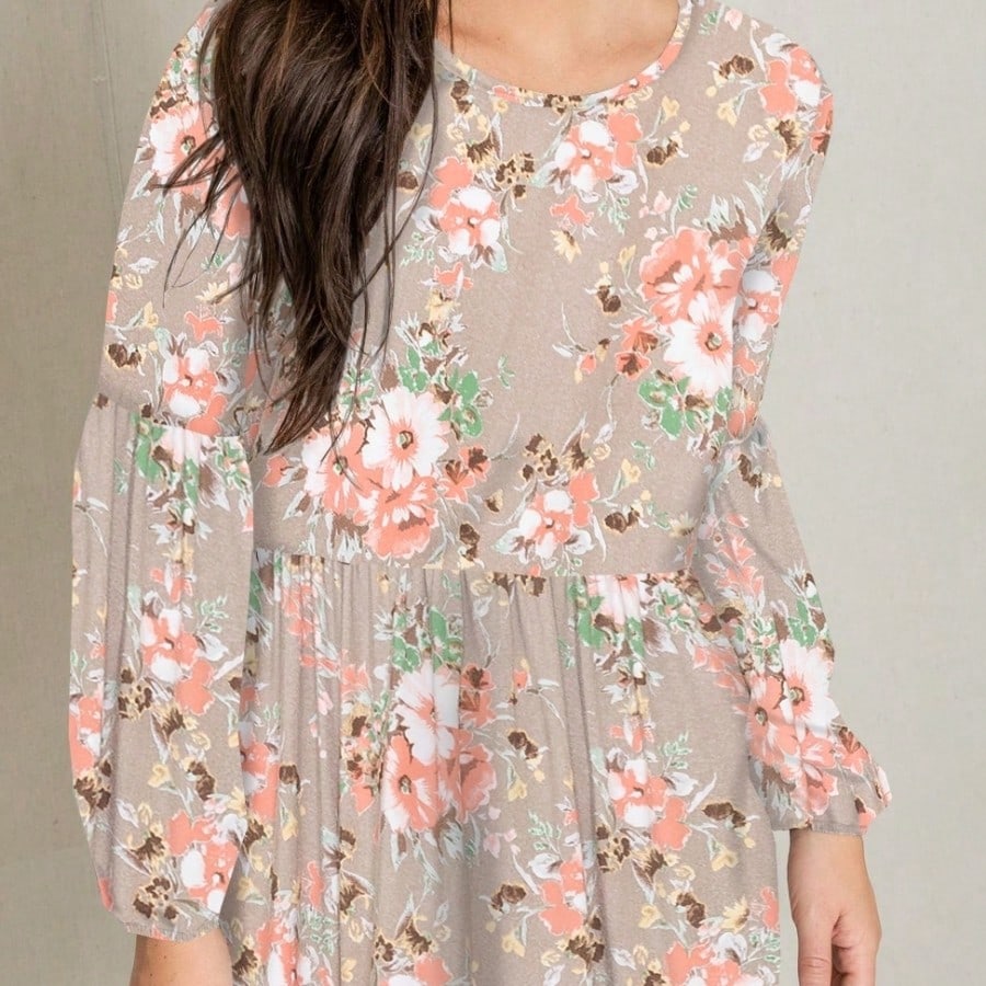 Boho Layered Floral Medallion plaid Crew Neck Cute, Small To Plus Extended Size