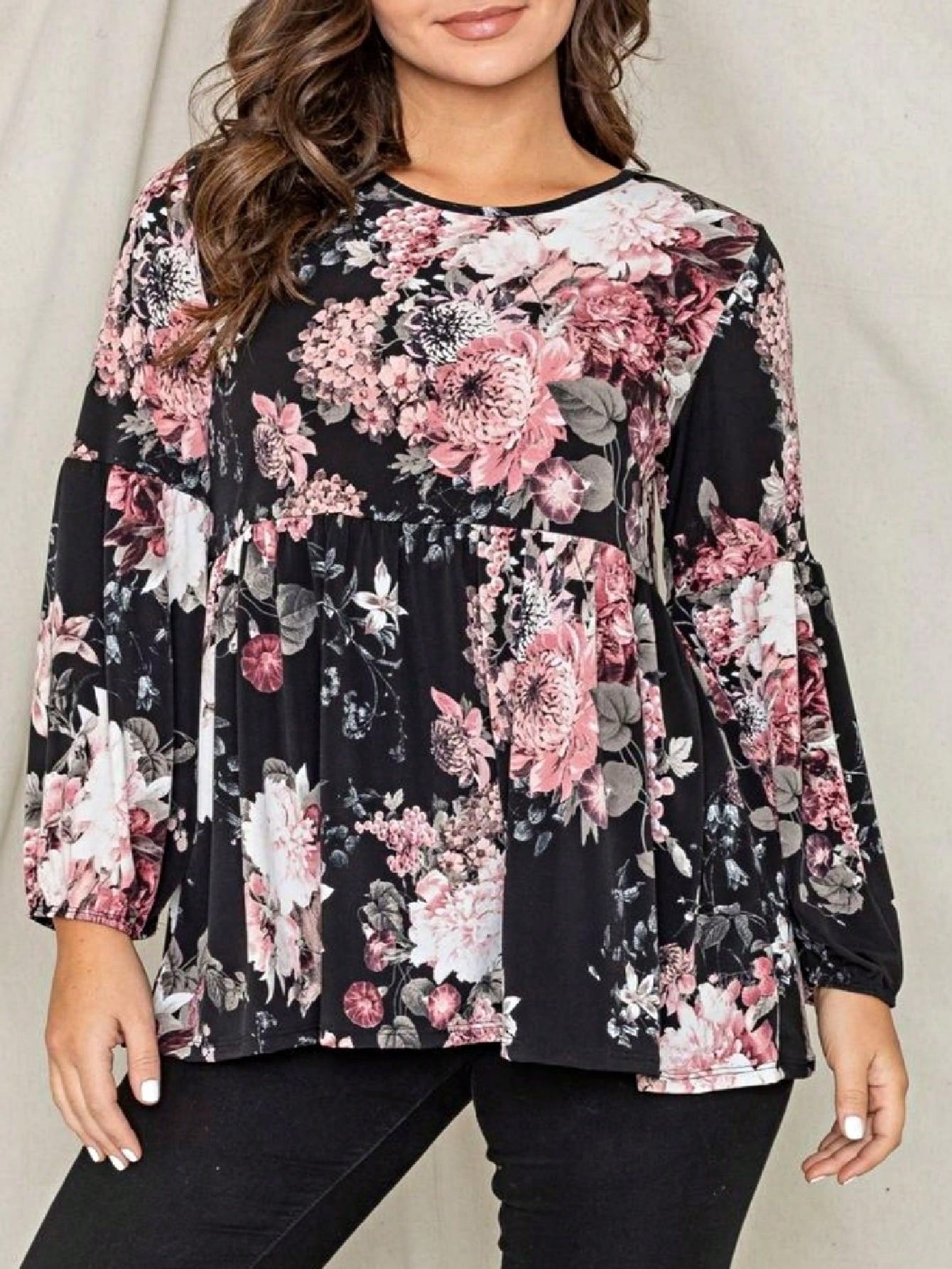 Boho Layered Floral Medallion plaid Crew Neck Cute, Small To Plus Extended Size
