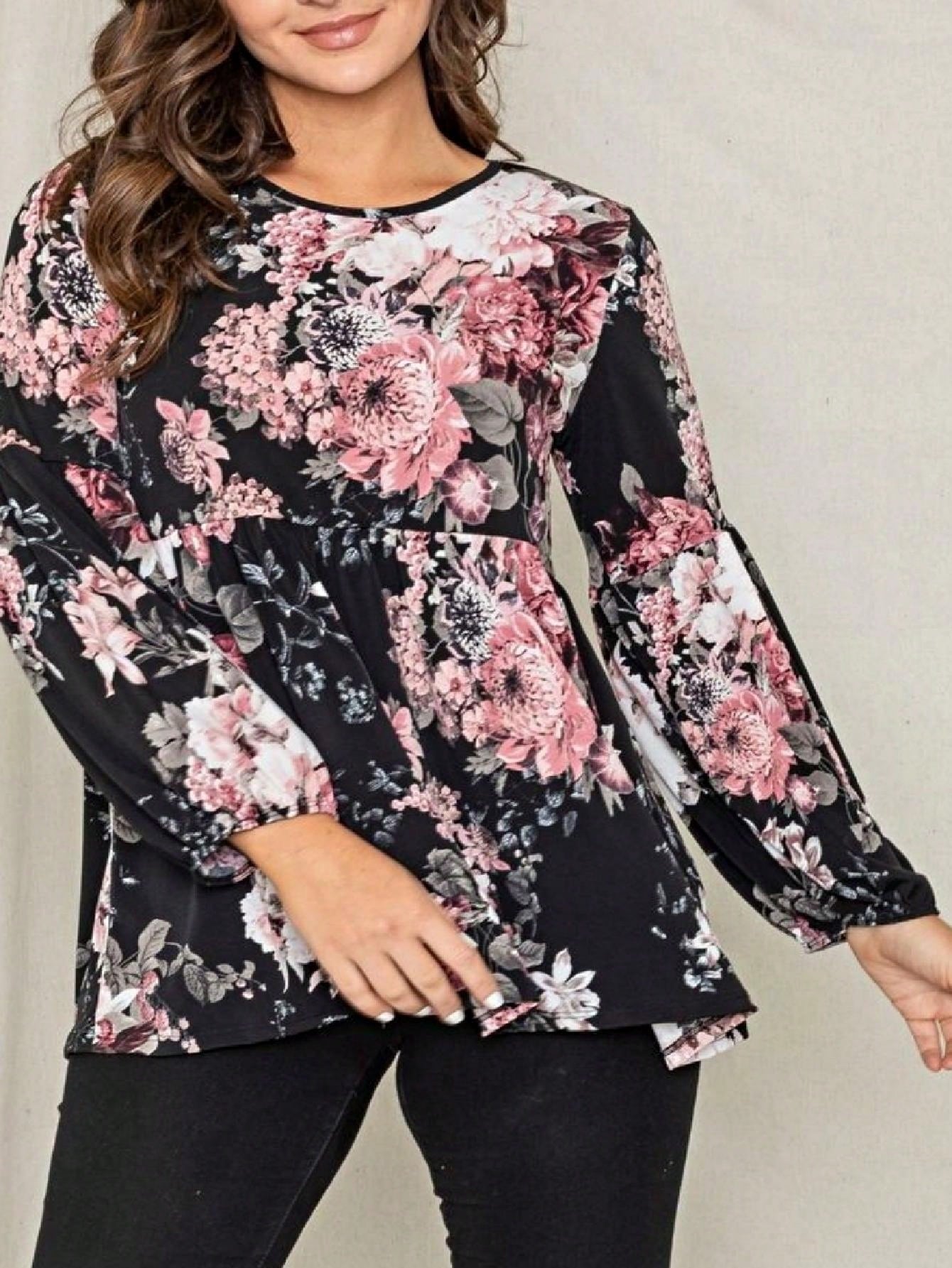 Boho Layered Floral Medallion plaid Crew Neck Cute, Small To Plus Extended Size