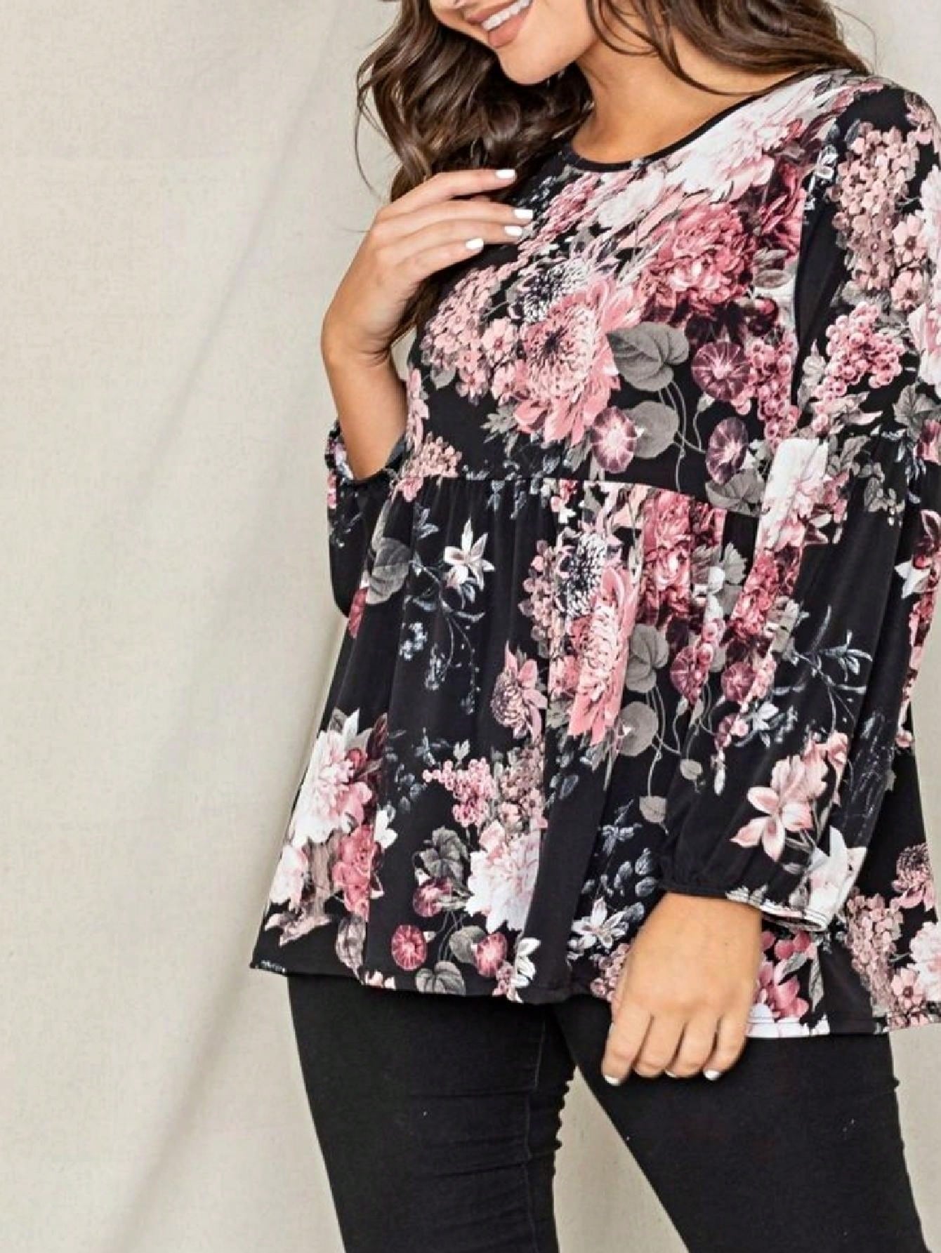 Boho Layered Floral Medallion plaid Crew Neck Cute, Small To Plus Extended Size