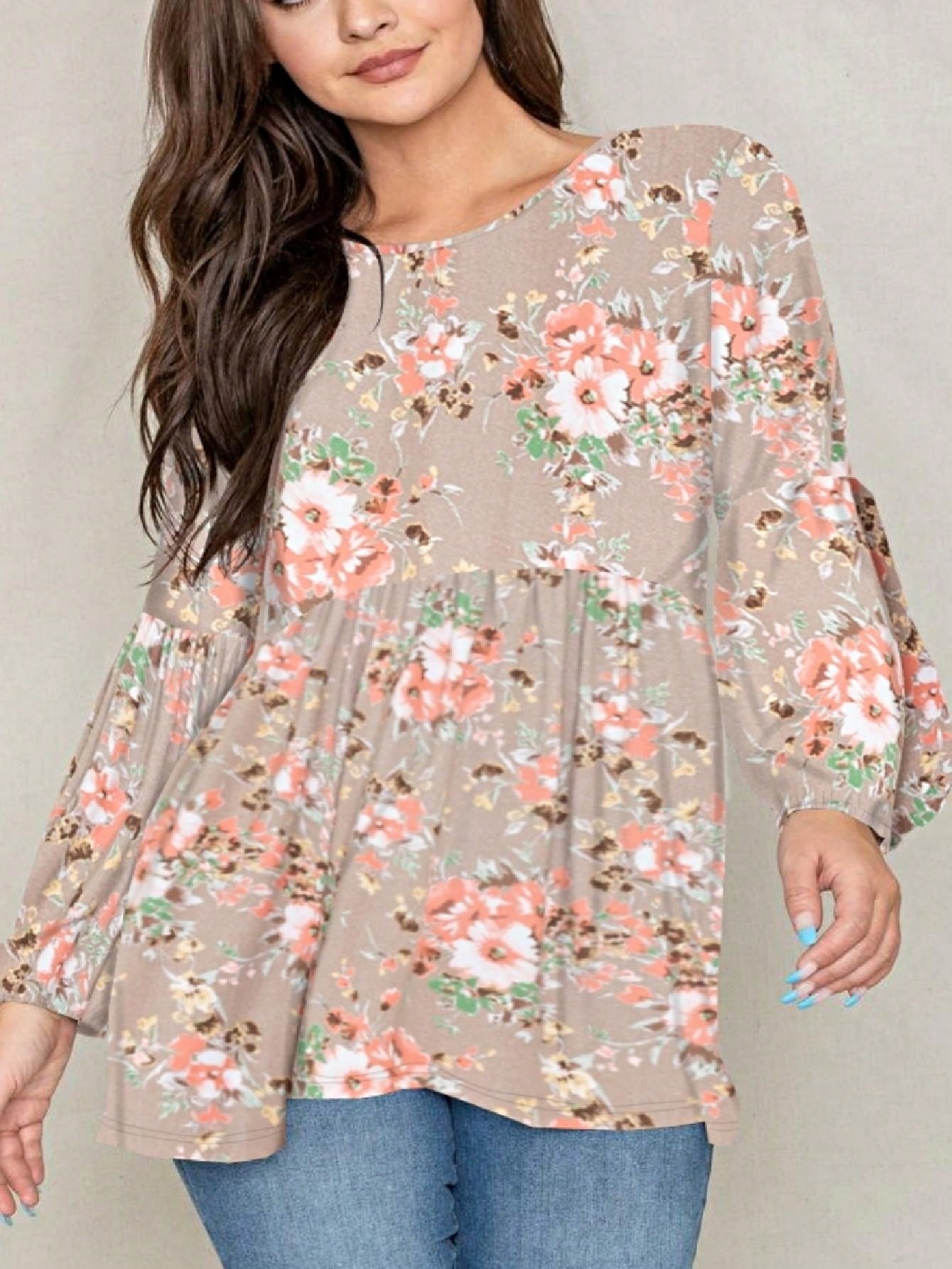 Boho Layered Floral Medallion plaid Crew Neck Cute, Small To Plus Extended Size