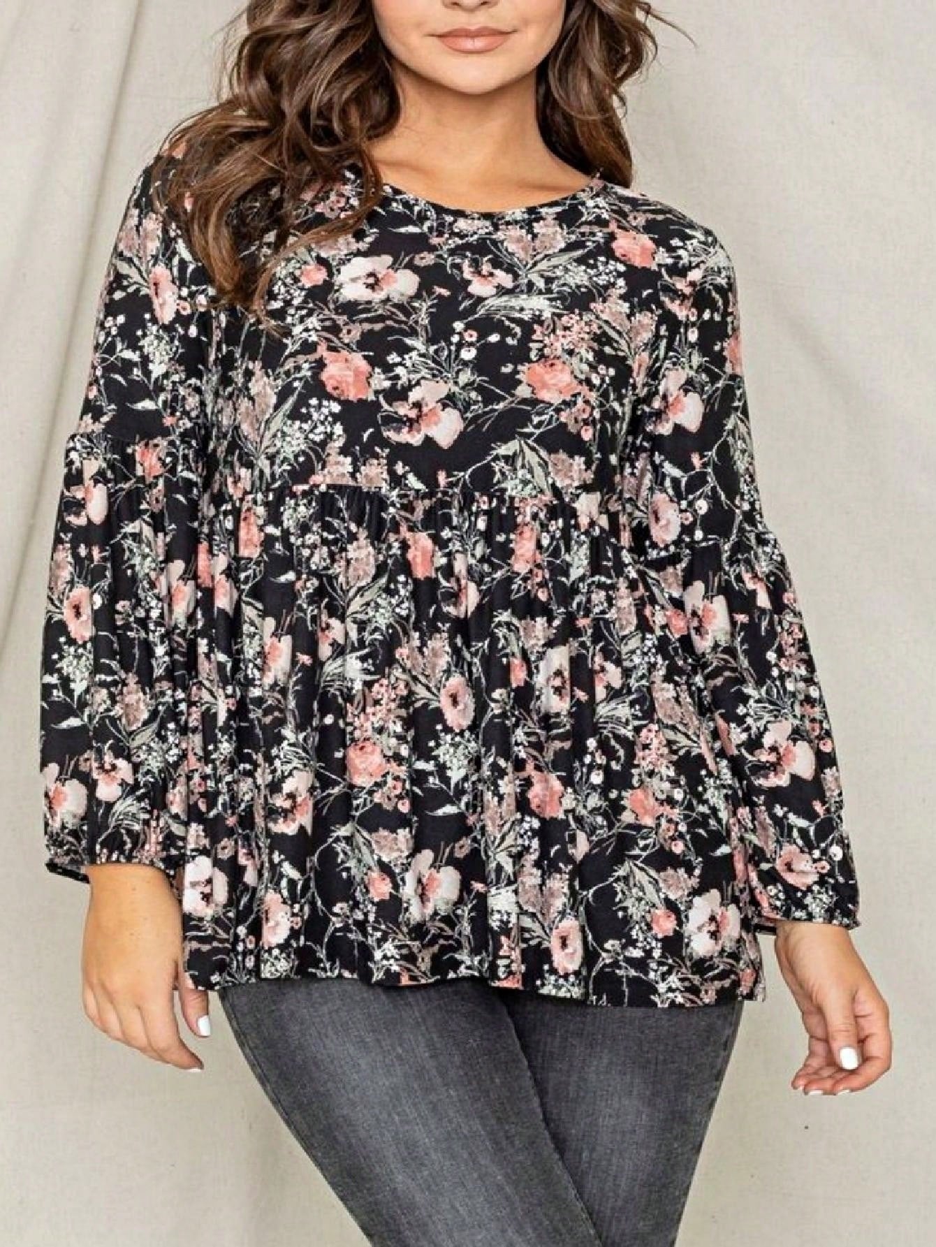 Boho Layered Floral Medallion plaid Crew Neck Cute, Small To Plus Extended Size