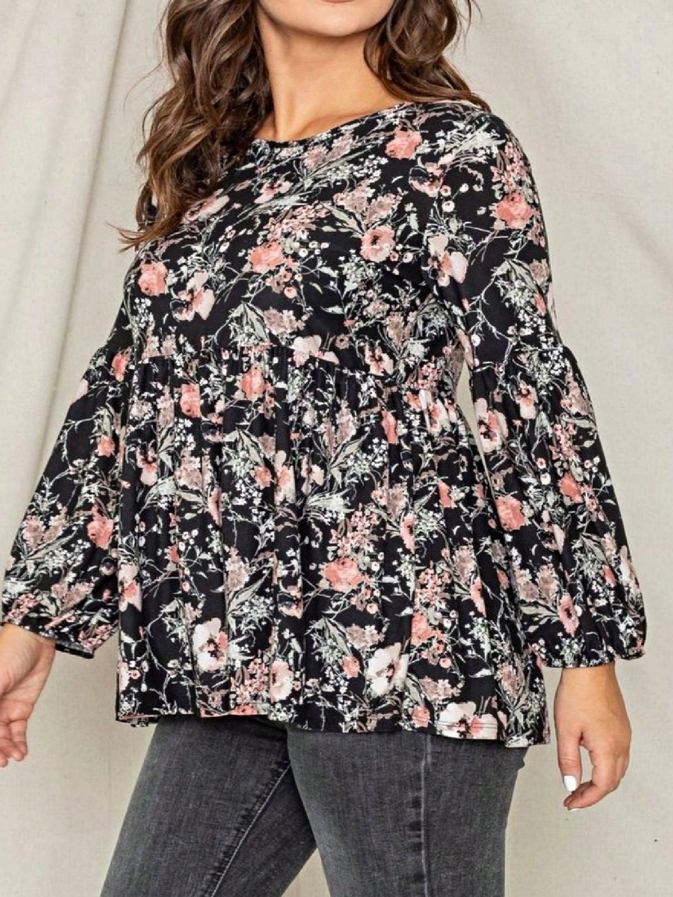 Boho Layered Floral Medallion plaid Crew Neck Cute, Small To Plus Extended Size