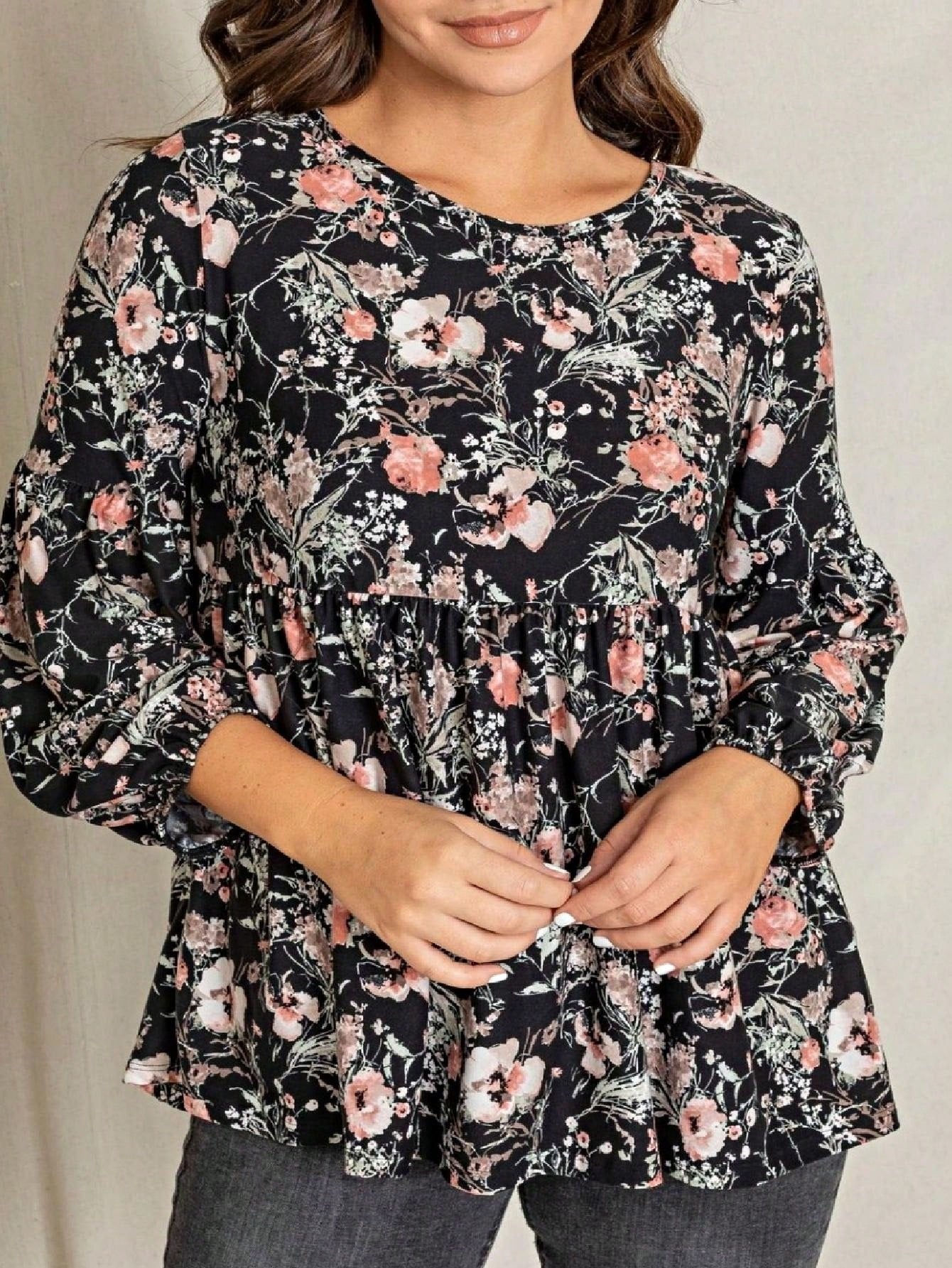 Boho Layered Floral Medallion plaid Crew Neck Cute, Small To Plus Extended Size