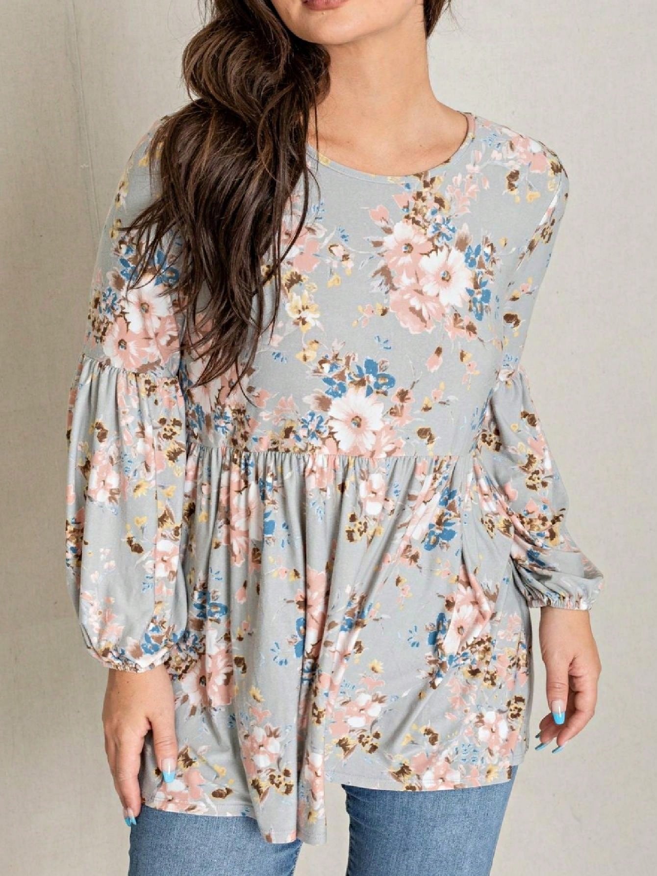 Boho Layered Floral Medallion plaid Crew Neck Cute, Small To Plus Extended Size