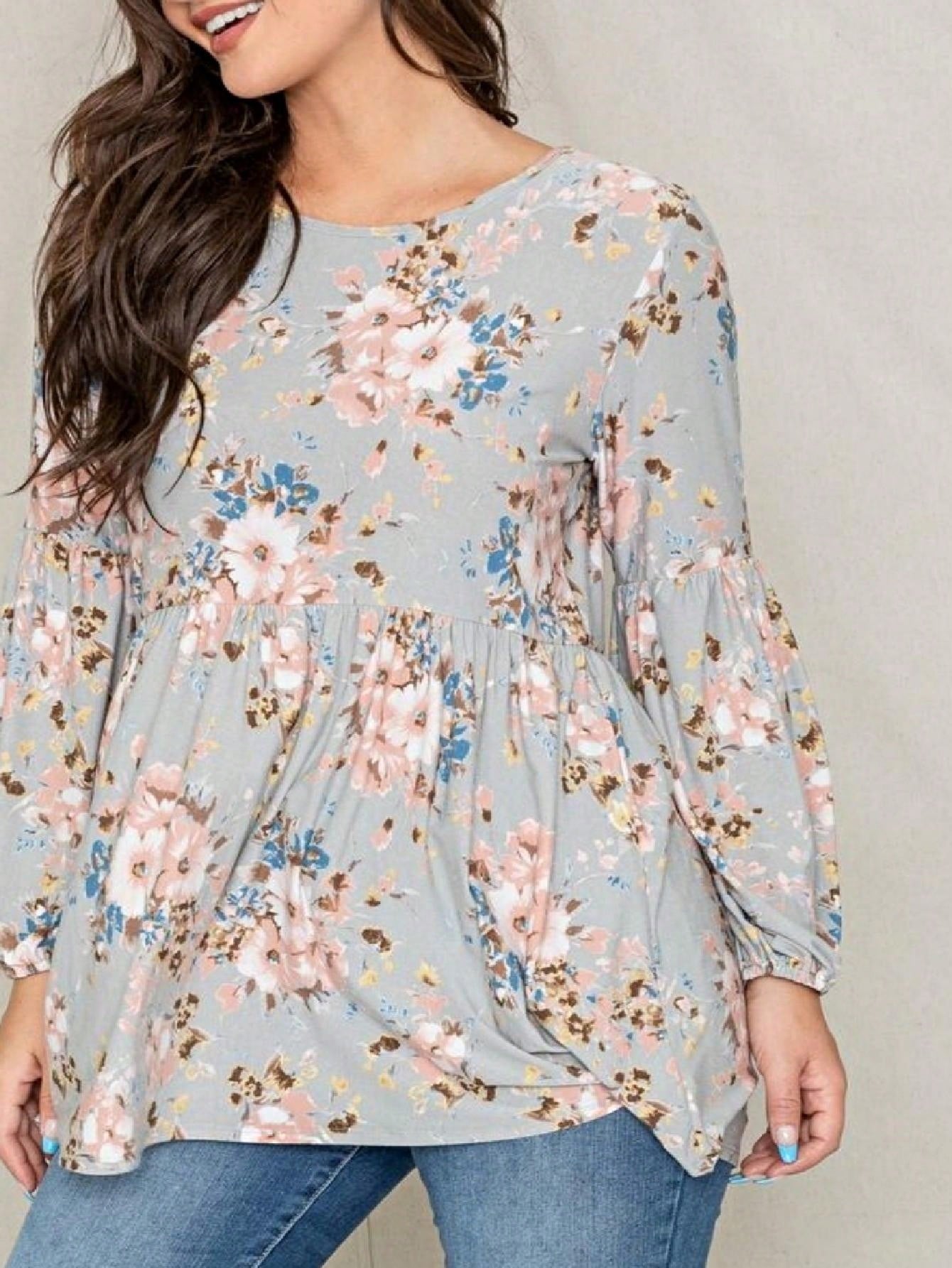 Boho Layered Floral Medallion plaid Crew Neck Cute, Small To Plus Extended Size