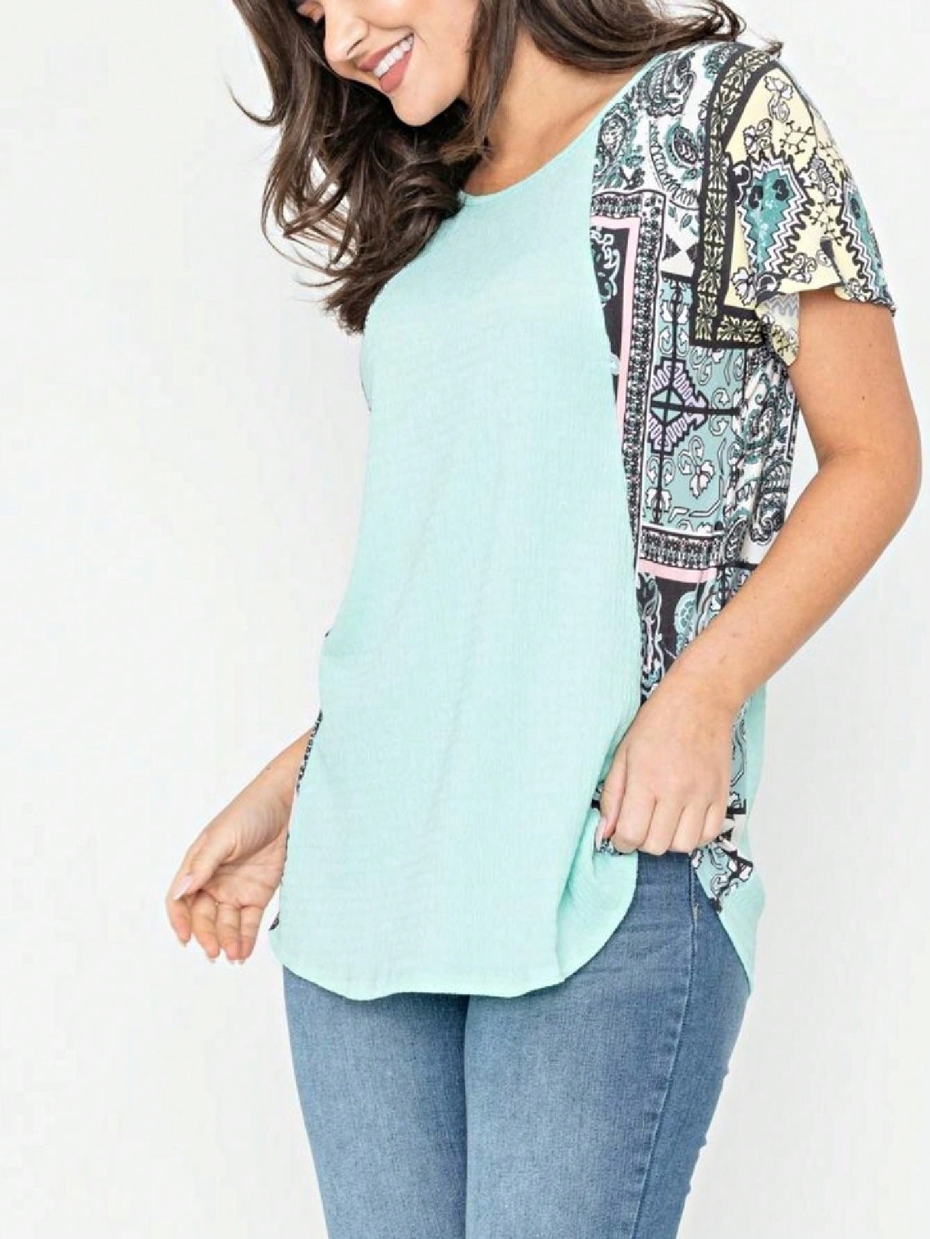 Boho Retro 90's Vintage Crinkled Yellow Mint Pink Vanilla Cream Cute Side Cut Top Blouse Cool Tunic