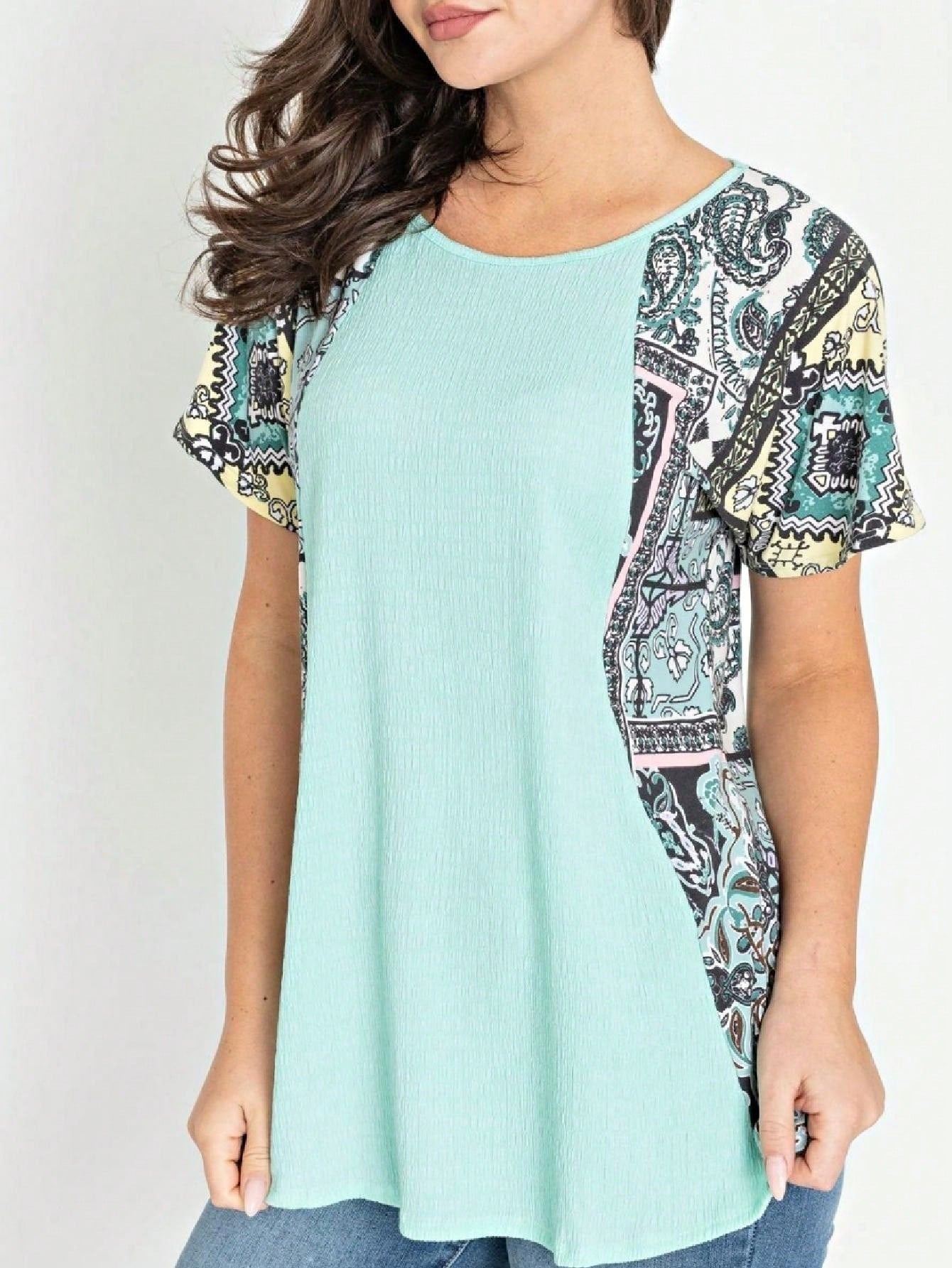 Boho Retro 90's Vintage Crinkled Yellow Mint Pink Vanilla Cream Cute Side Cut Top Blouse Cool Tunic