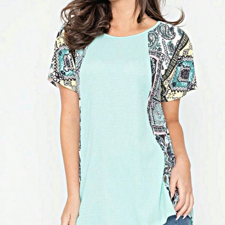 Boho Retro 90's Vintage Crinkled Yellow Mint Pink Vanilla Cream Cute Side Cut Top Blouse Cool Tunic