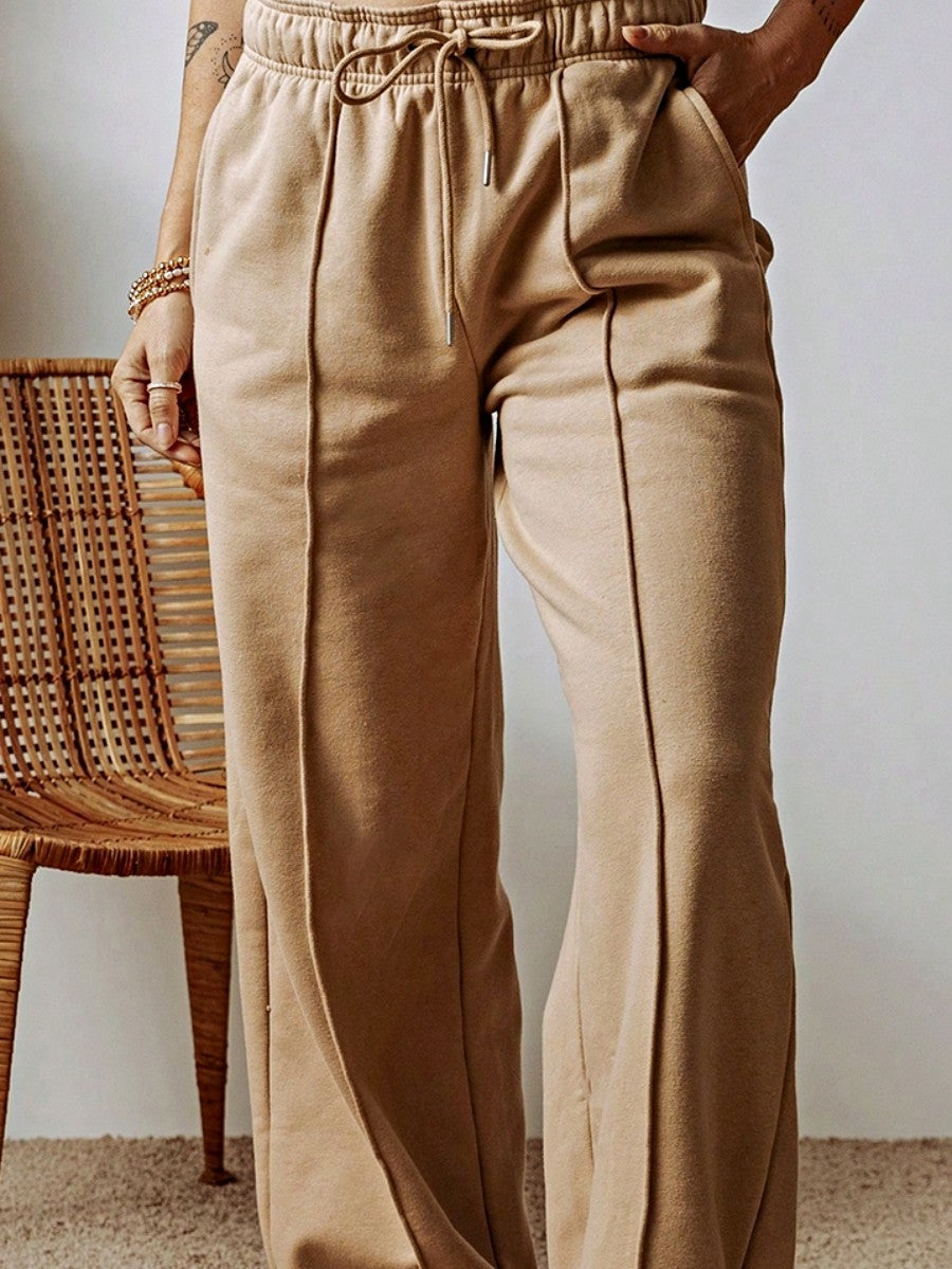 Boho Retro 60's Solid Khaki Smoke Gray Bottom Wide Leg Cotton Mix  Drawstring With Pocket Pants