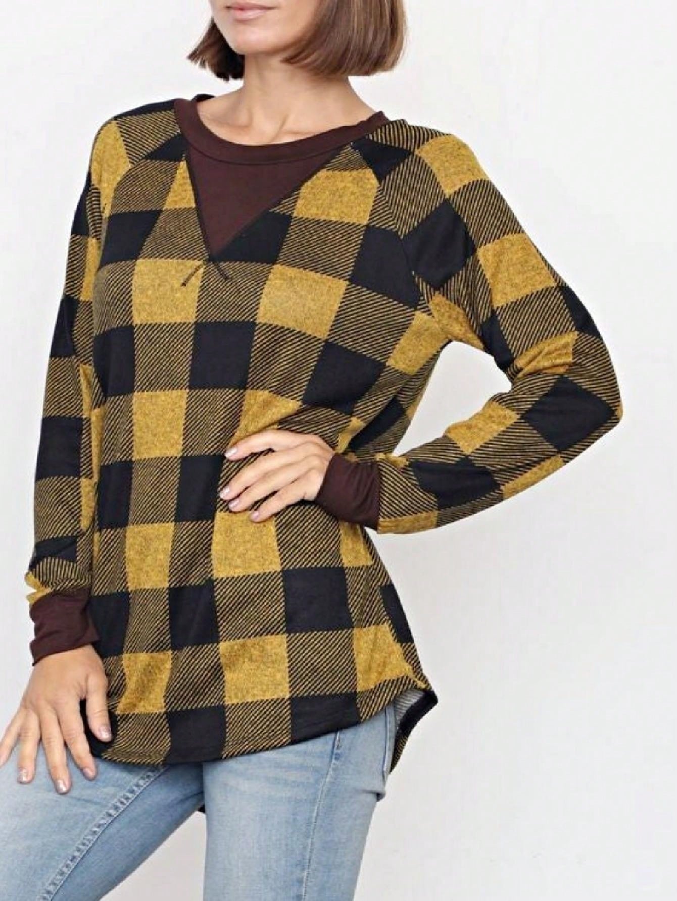 Boho Retro 90'sCheckered Solid Raglan Drop Shoulder Knit Top Sweatshirt Pullover Tunic