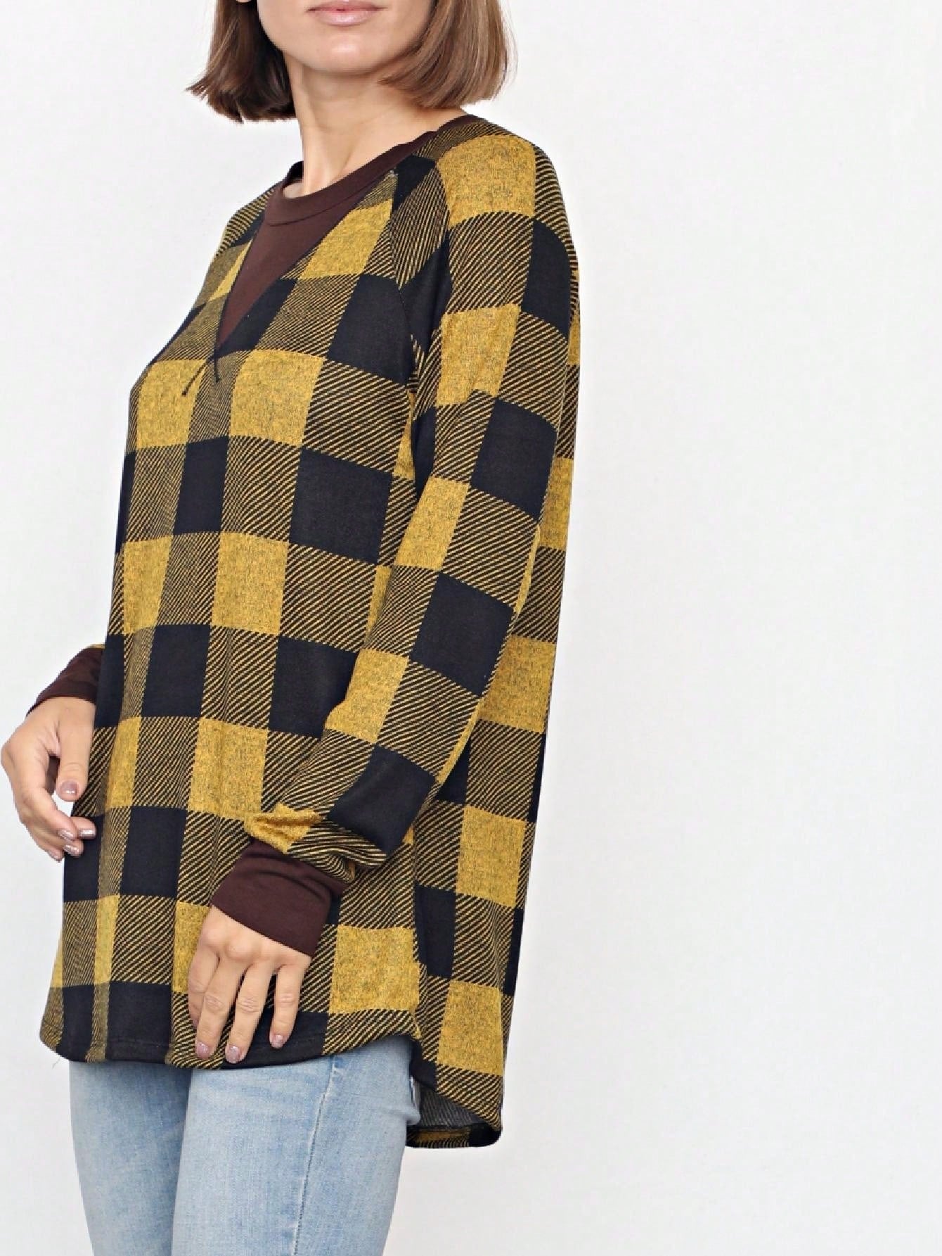 Boho Retro 90'sCheckered Solid Raglan Drop Shoulder Knit Top Sweatshirt Pullover Tunic