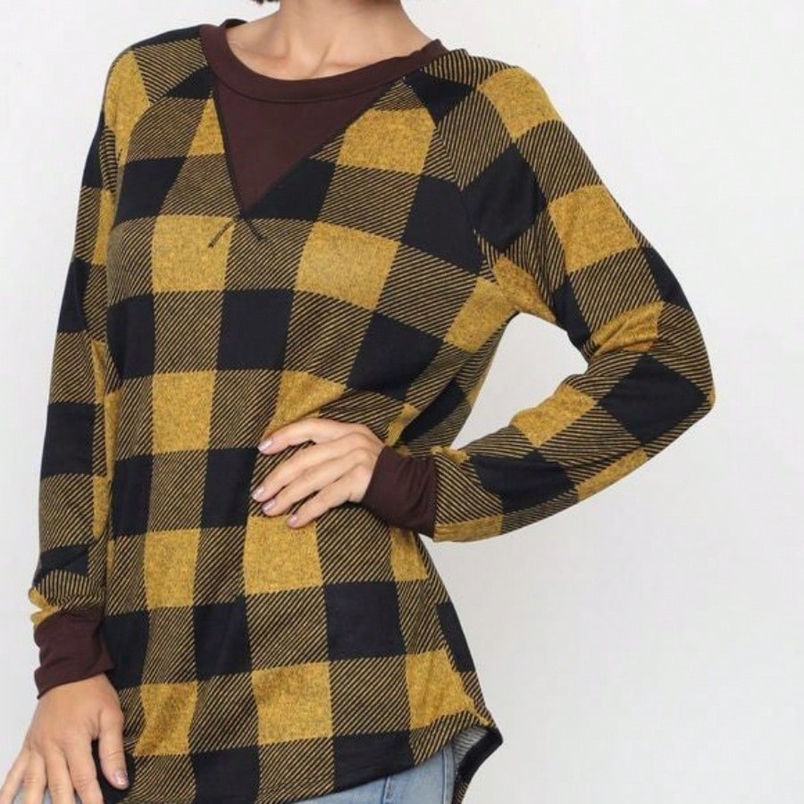 Boho Retro 90'sCheckered Solid Raglan Drop Shoulder Knit Top Sweatshirt Pullover Tunic