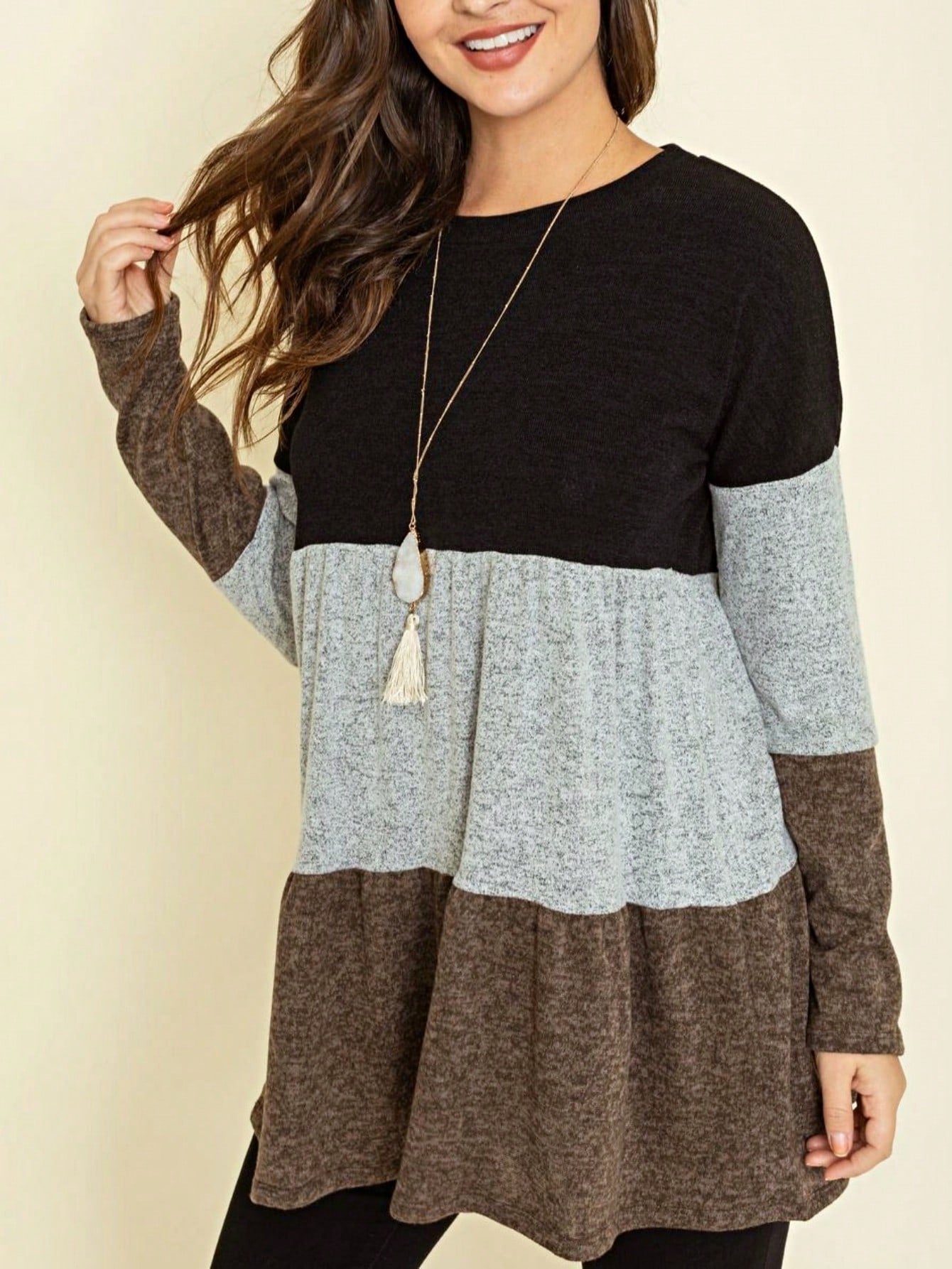 Boho Retro 70's 90's  Knit Brushed Ruffle Tiered Color Block Stripe Tunic Dress
