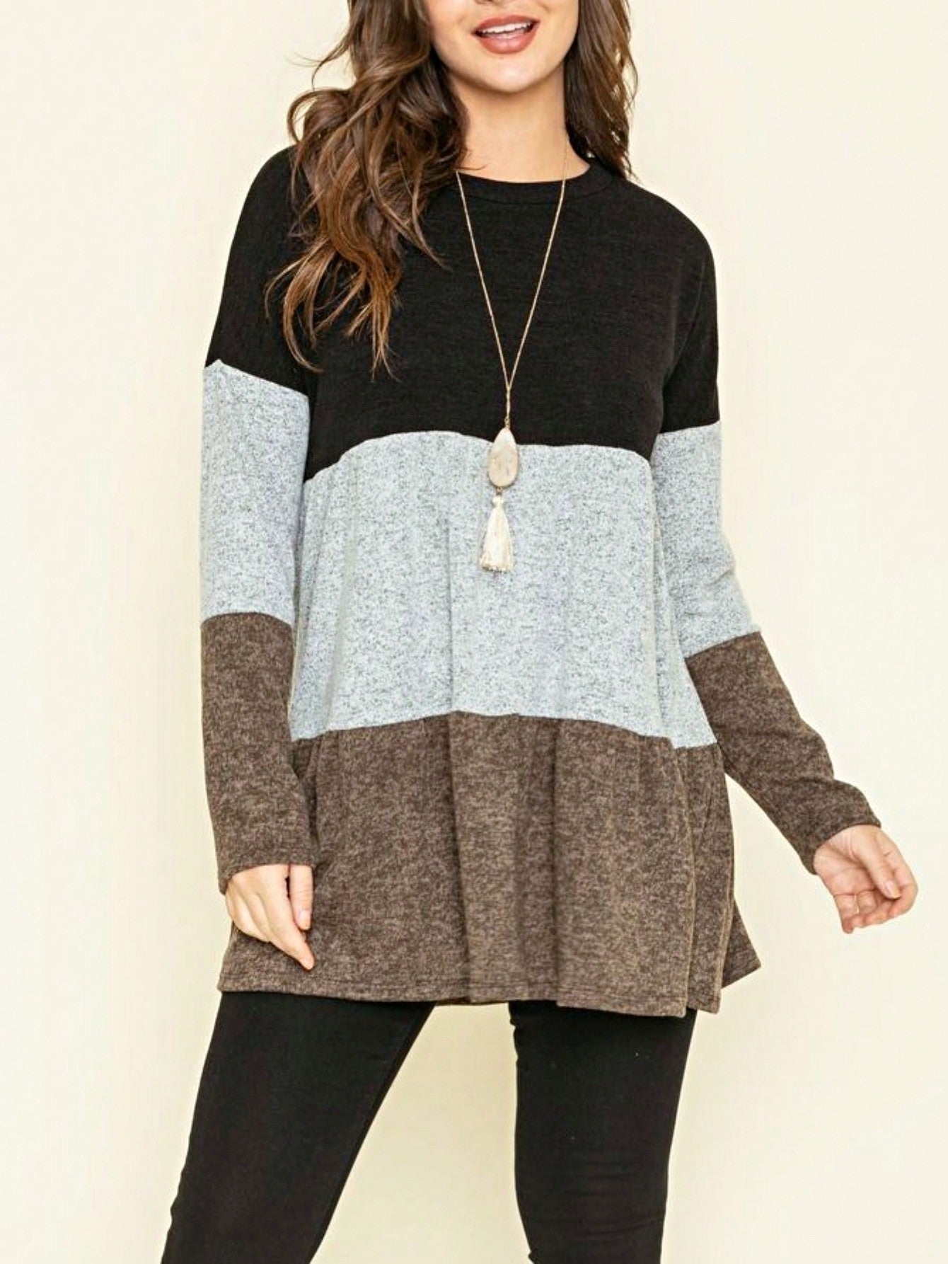 Boho Retro 70's 90's  Knit Brushed Ruffle Tiered Color Block Stripe Tunic Dress