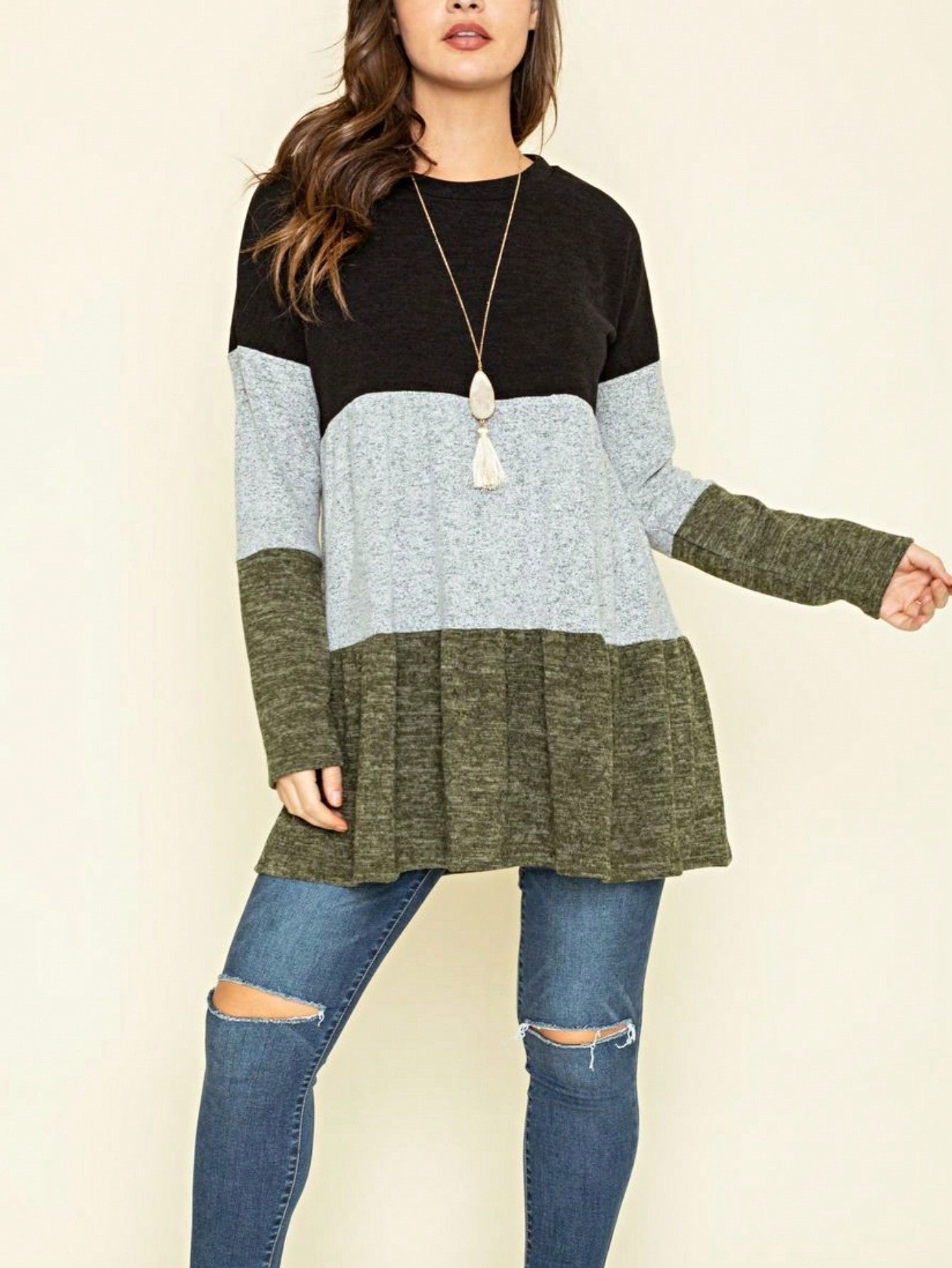 Boho Retro 70's 90's  Knit Brushed Ruffle Tiered Color Block Stripe Tunic Dress
