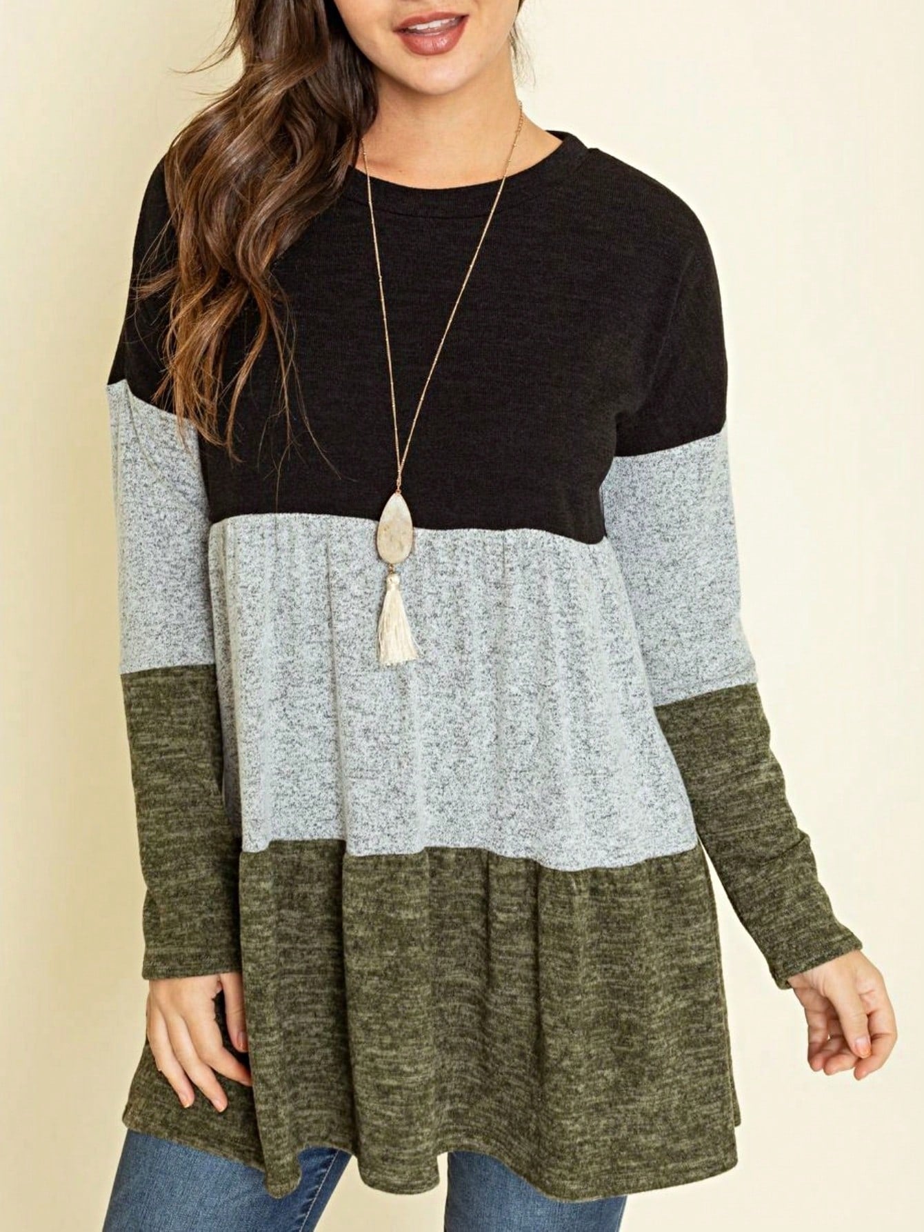 Boho Retro 70's 90's  Knit Brushed Ruffle Tiered Color Block Stripe Tunic Dress