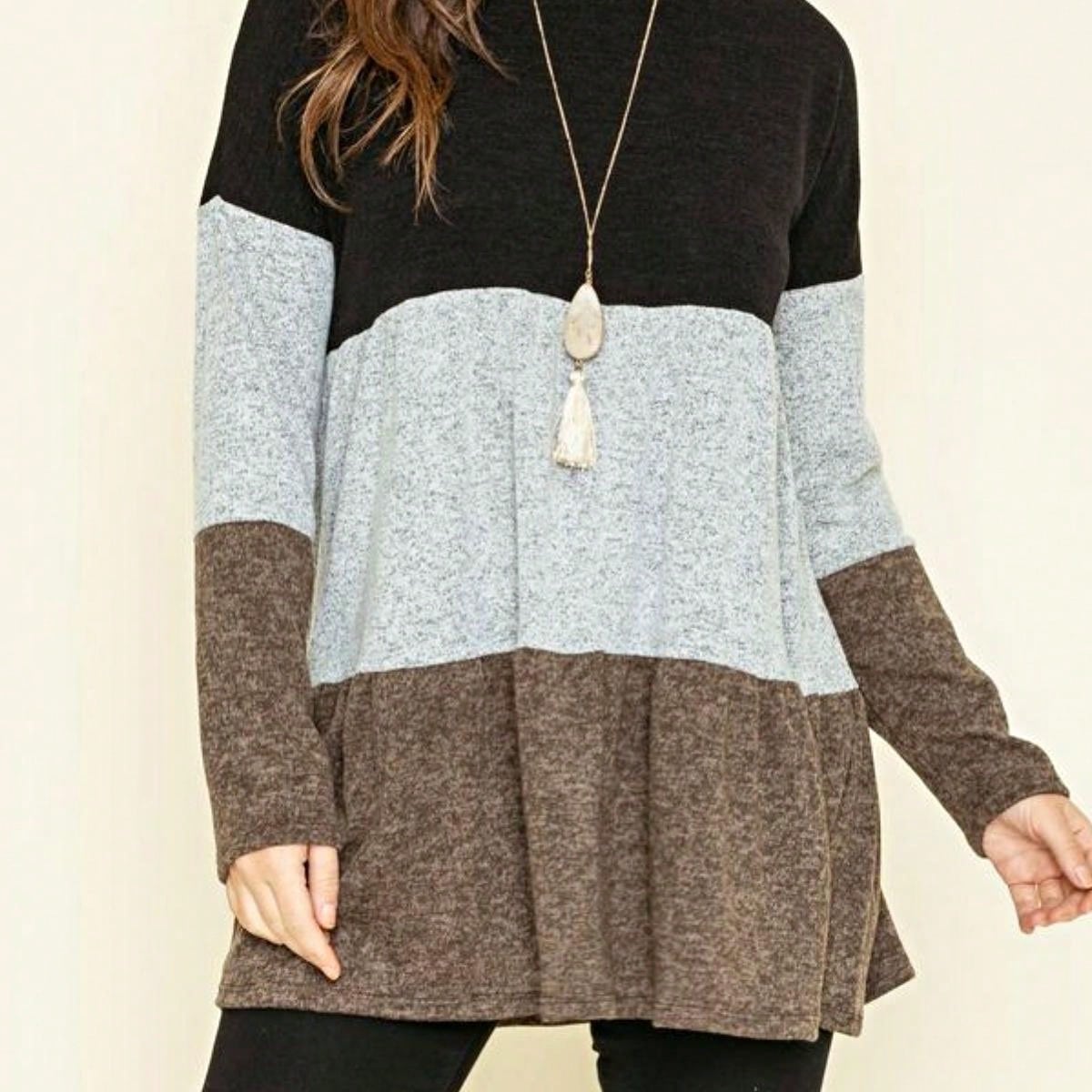 Boho Retro 70's 90's  Knit Brushed Ruffle Tiered Color Block Stripe Tunic Dress