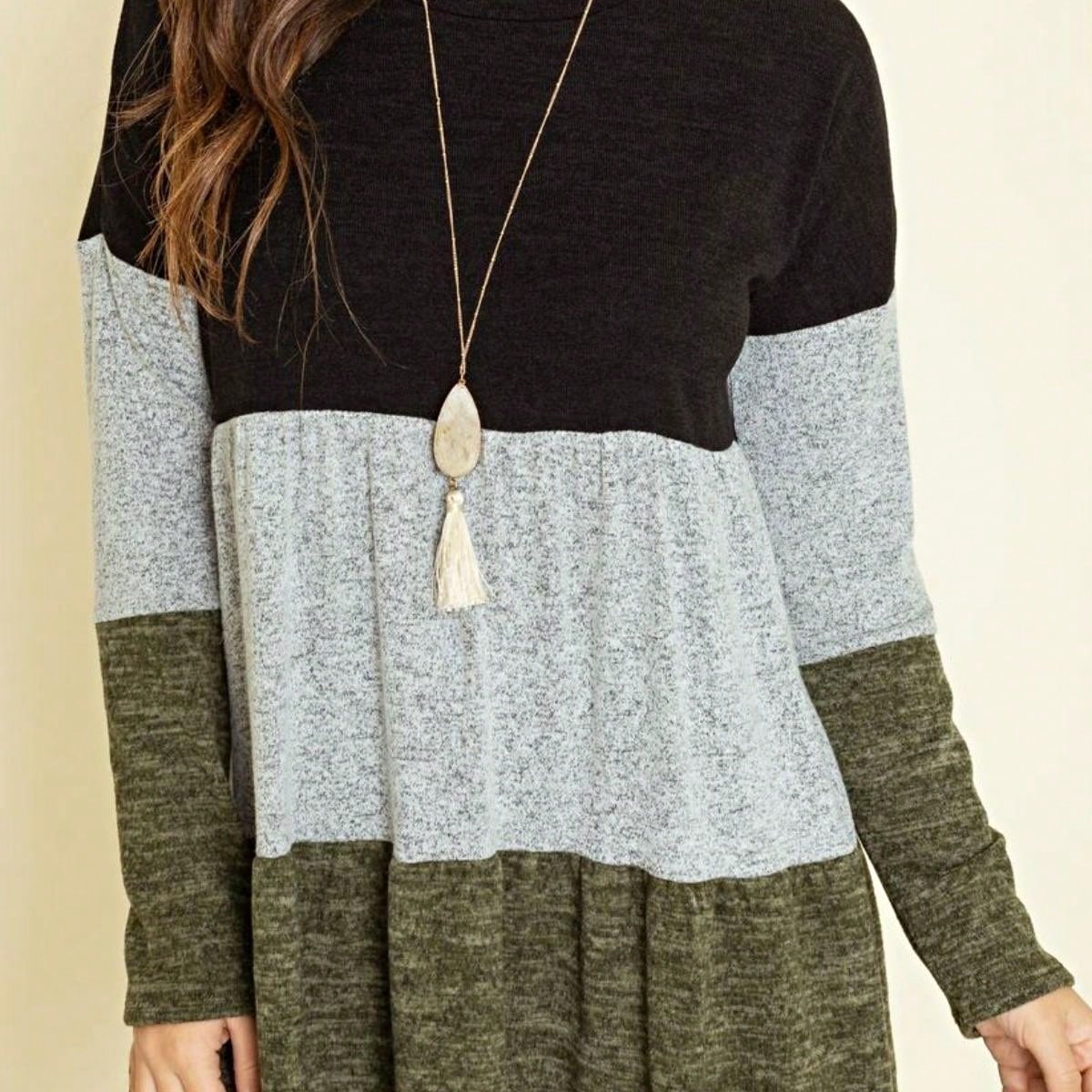 Boho Retro 70's 90's  Knit Brushed Ruffle Tiered Color Block Stripe Tunic Dress