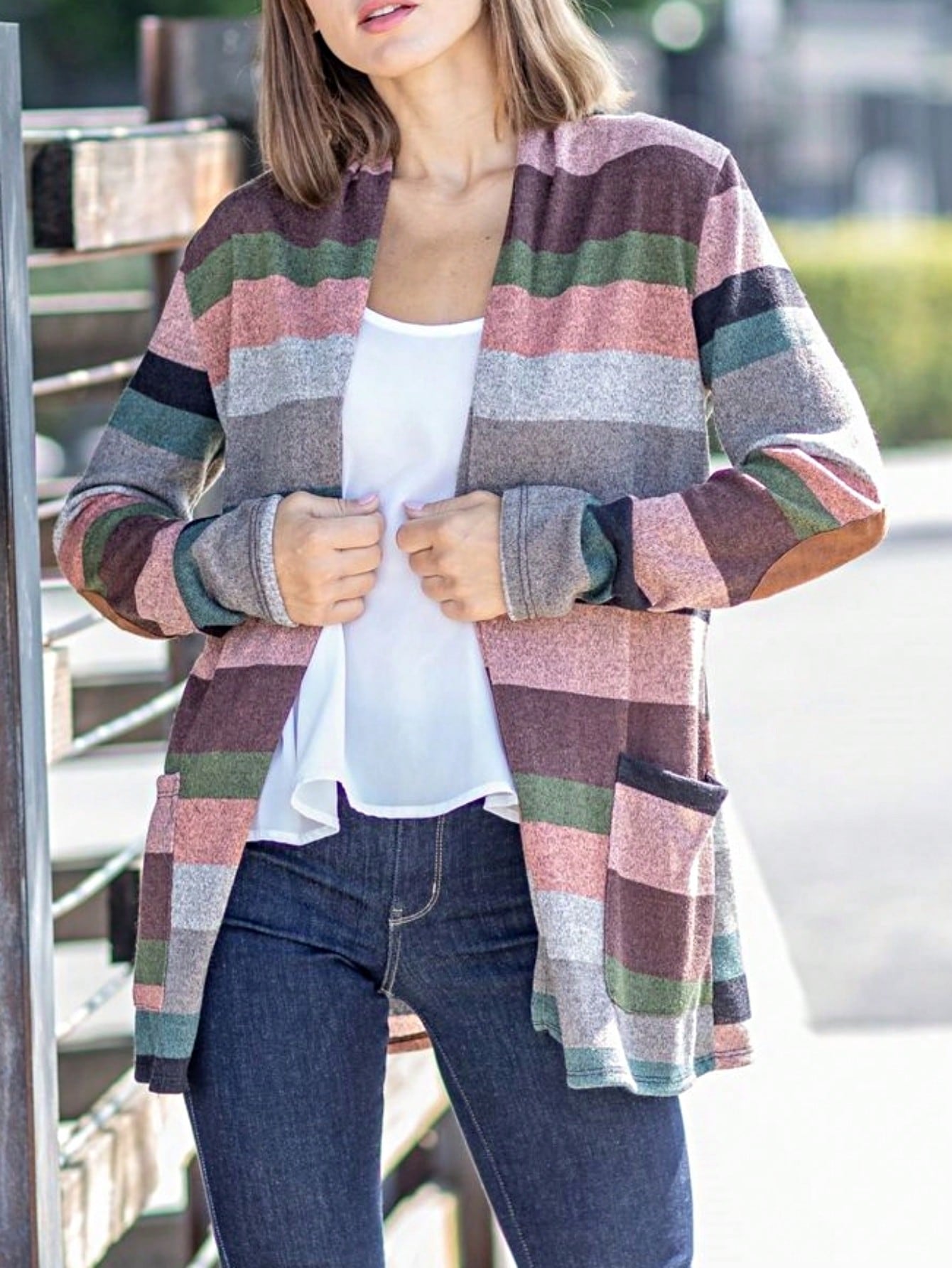 Boho Vintage 90's Plaid Stripe Tie Dye  Elbow Patch 60's Classic Slouch Cardigan With Pocket