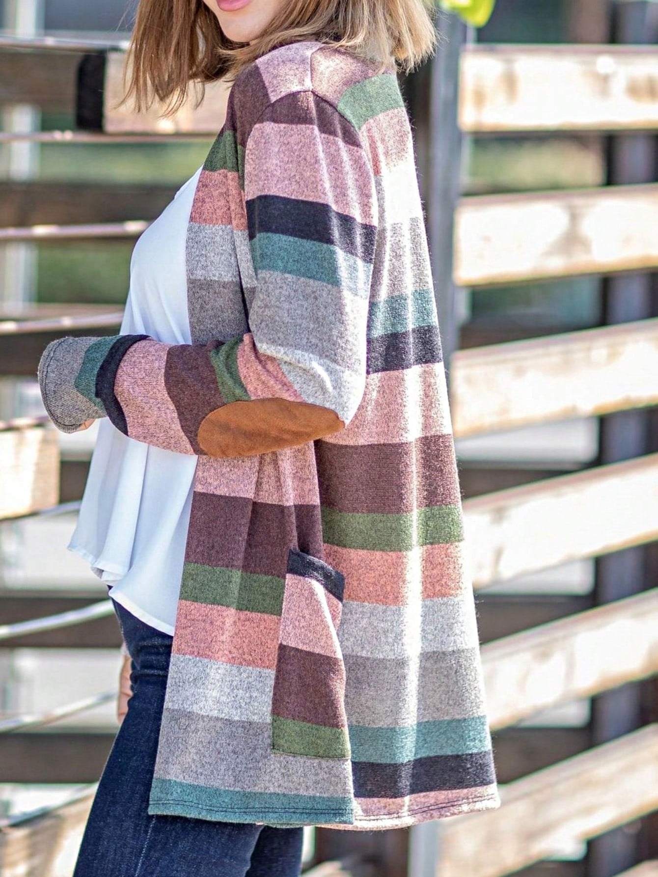 Boho Vintage 90's Plaid Stripe Tie Dye  Elbow Patch 60's Classic Slouch Cardigan With Pocket