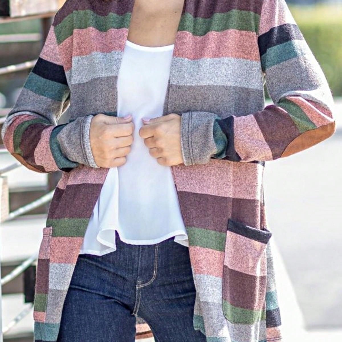 Boho Vintage 90's Plaid Stripe Tie Dye  Elbow Patch 60's Classic Slouch Cardigan With Pocket