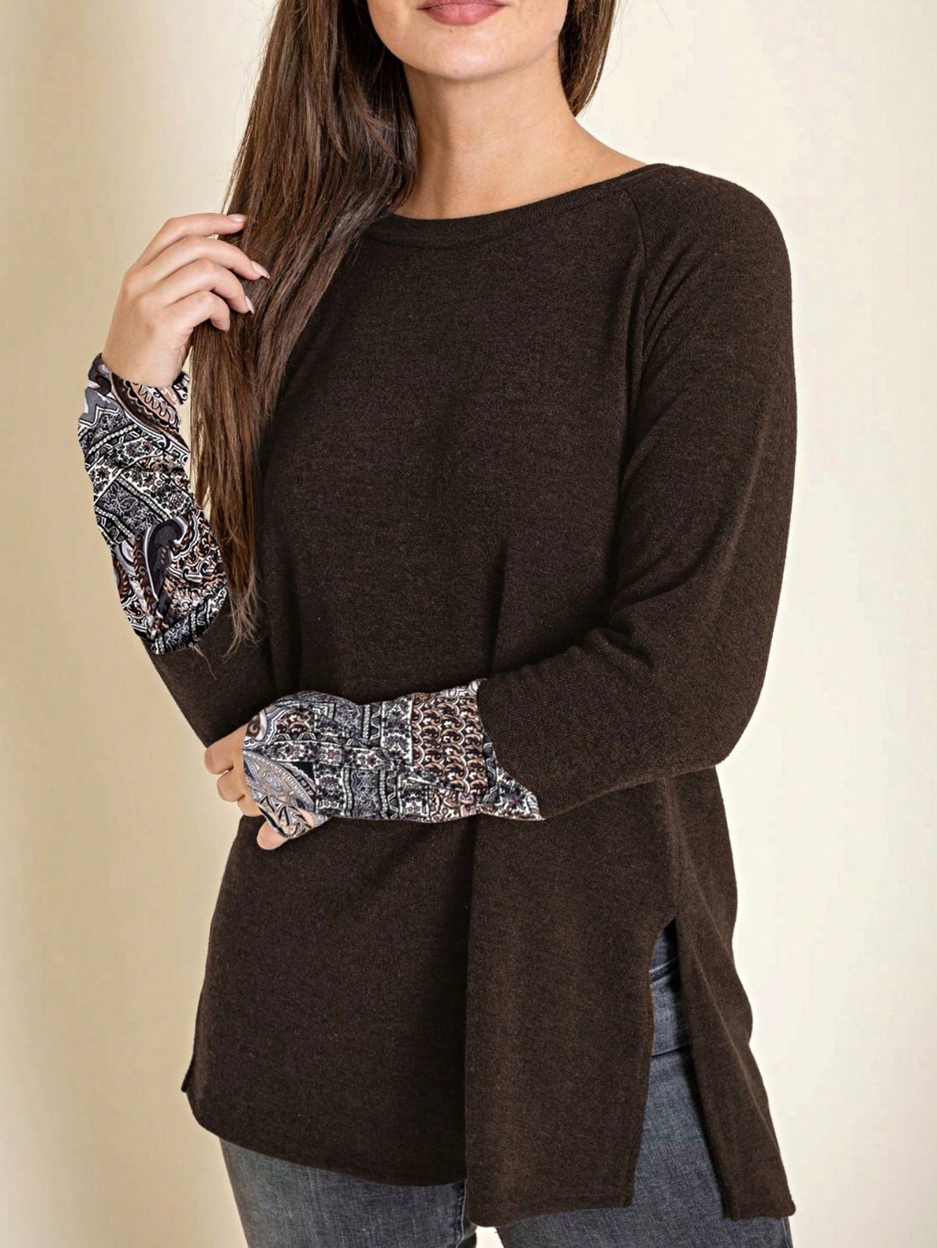 Boho Retro Solid Color Side Slit Quarter Sleeve High And Low Raglan Pleated Back  Rayon Soft Top Shirt Blouse | Small-3 XL