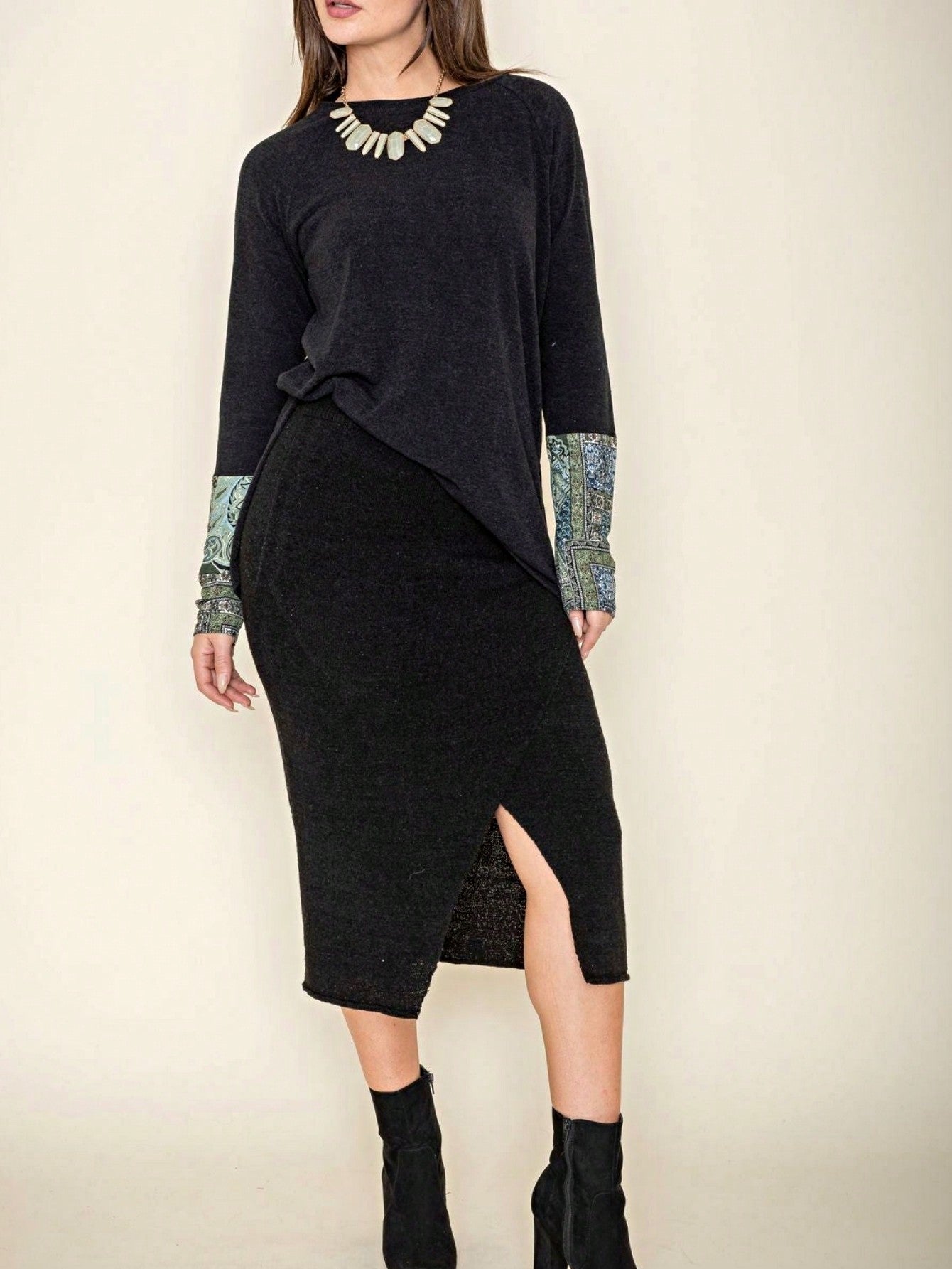 Boho Retro Solid Color Side Slit Quarter Sleeve High And Low Raglan Pleated Back  Rayon Soft Top Shirt Blouse | Small-3 XL