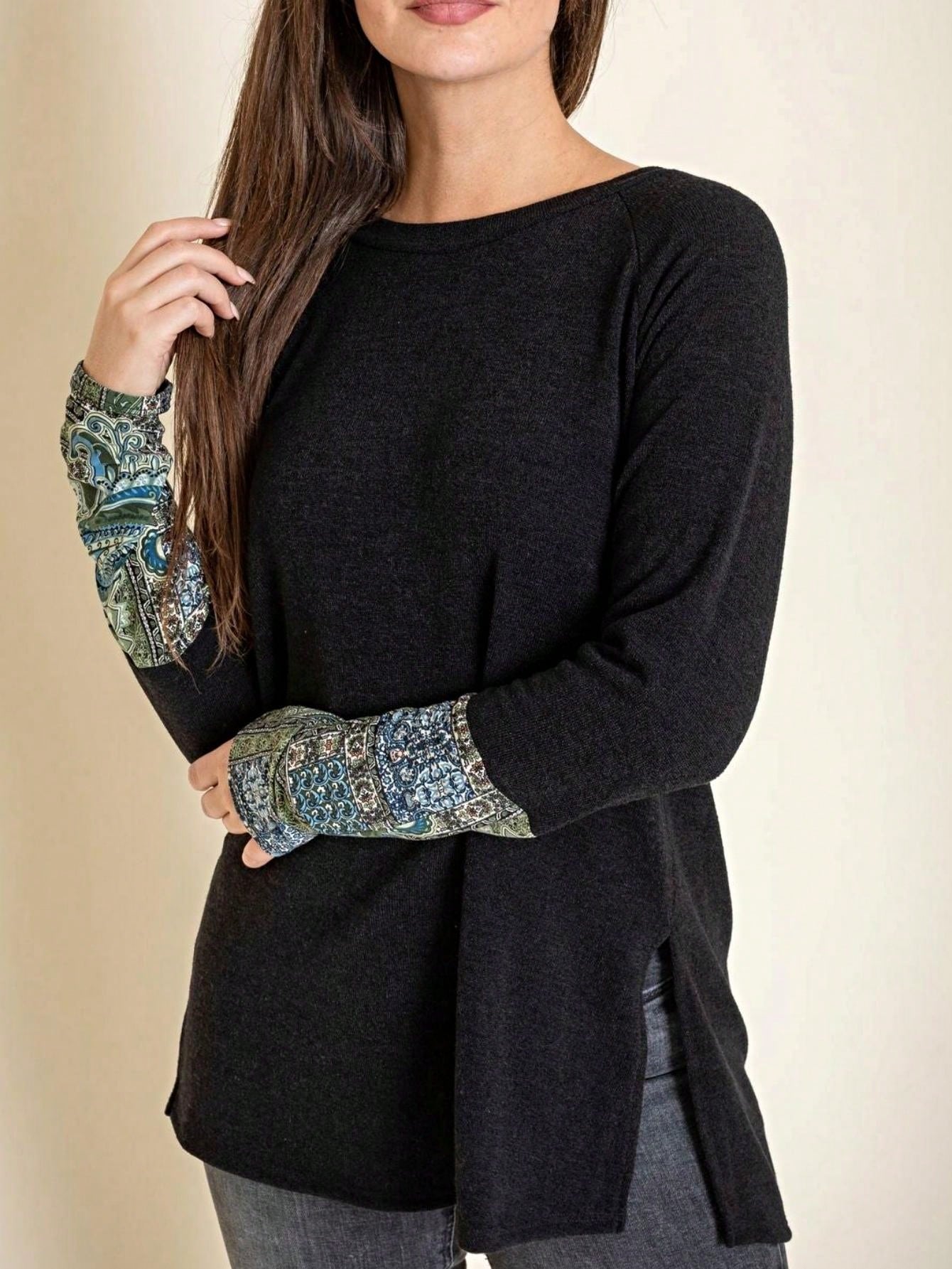 Boho Retro Solid Color Side Slit Quarter Sleeve High And Low Raglan Pleated Back  Rayon Soft Top Shirt Blouse | Small-3 XL